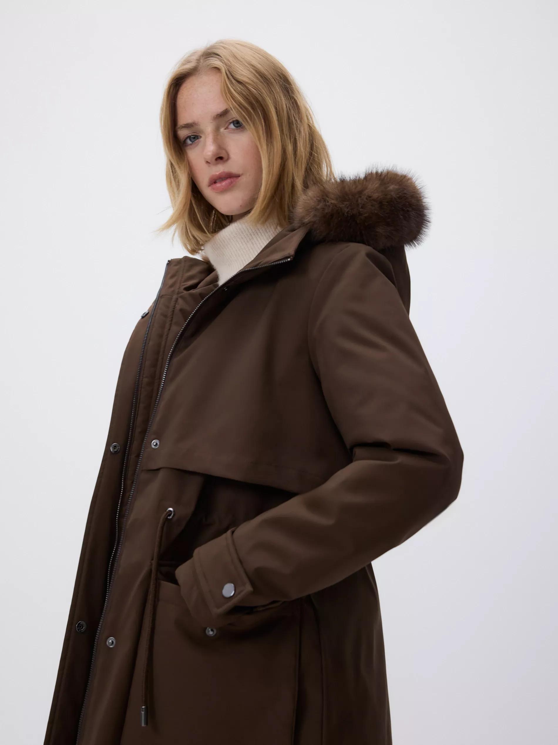 Brown Long Jacket With Hood, Brown, large image number 0