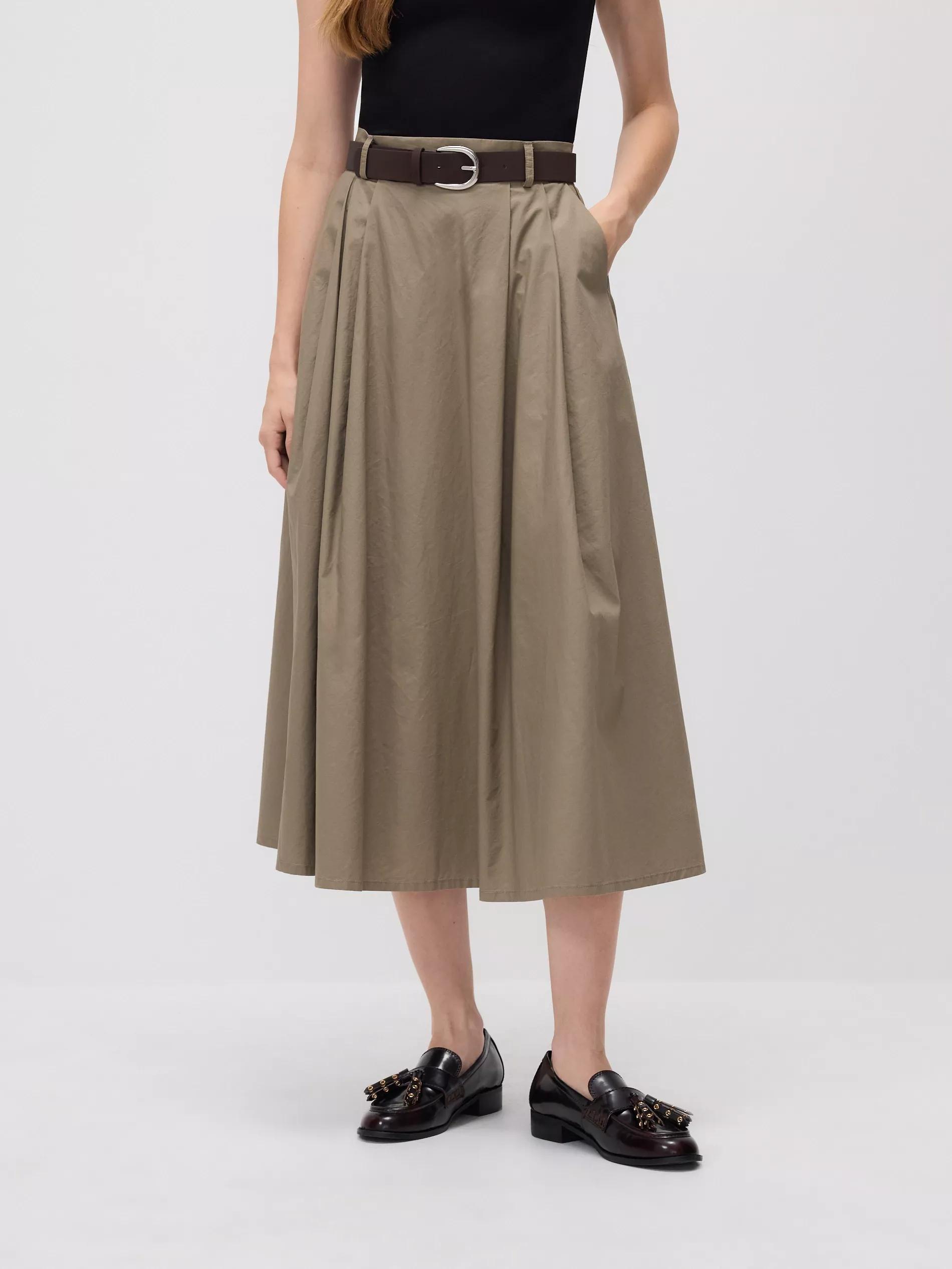 Green Midi Skirt With Belt, Khaki, large image number 0