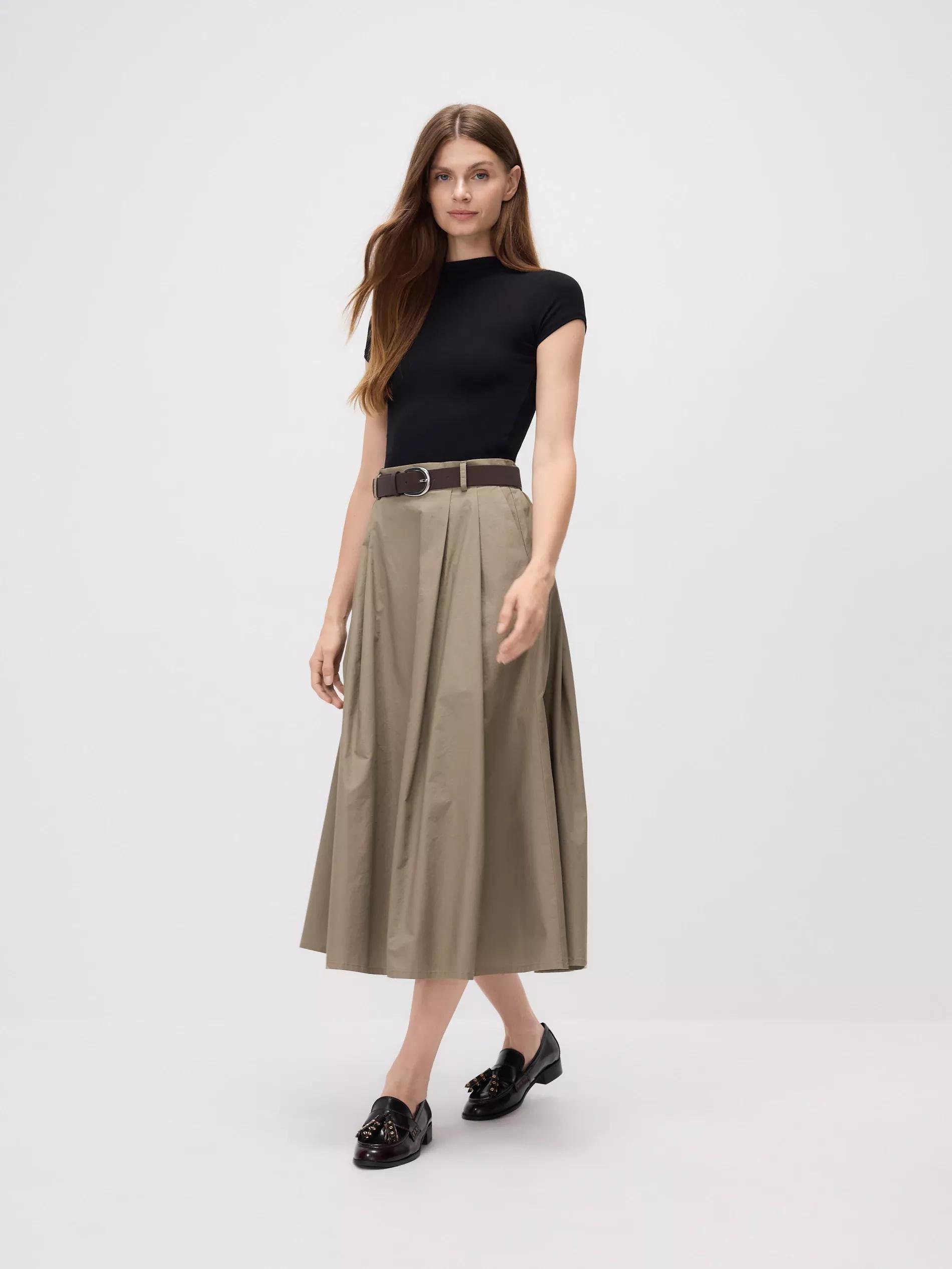 Green Midi Skirt With Belt, Khaki, large image number 3