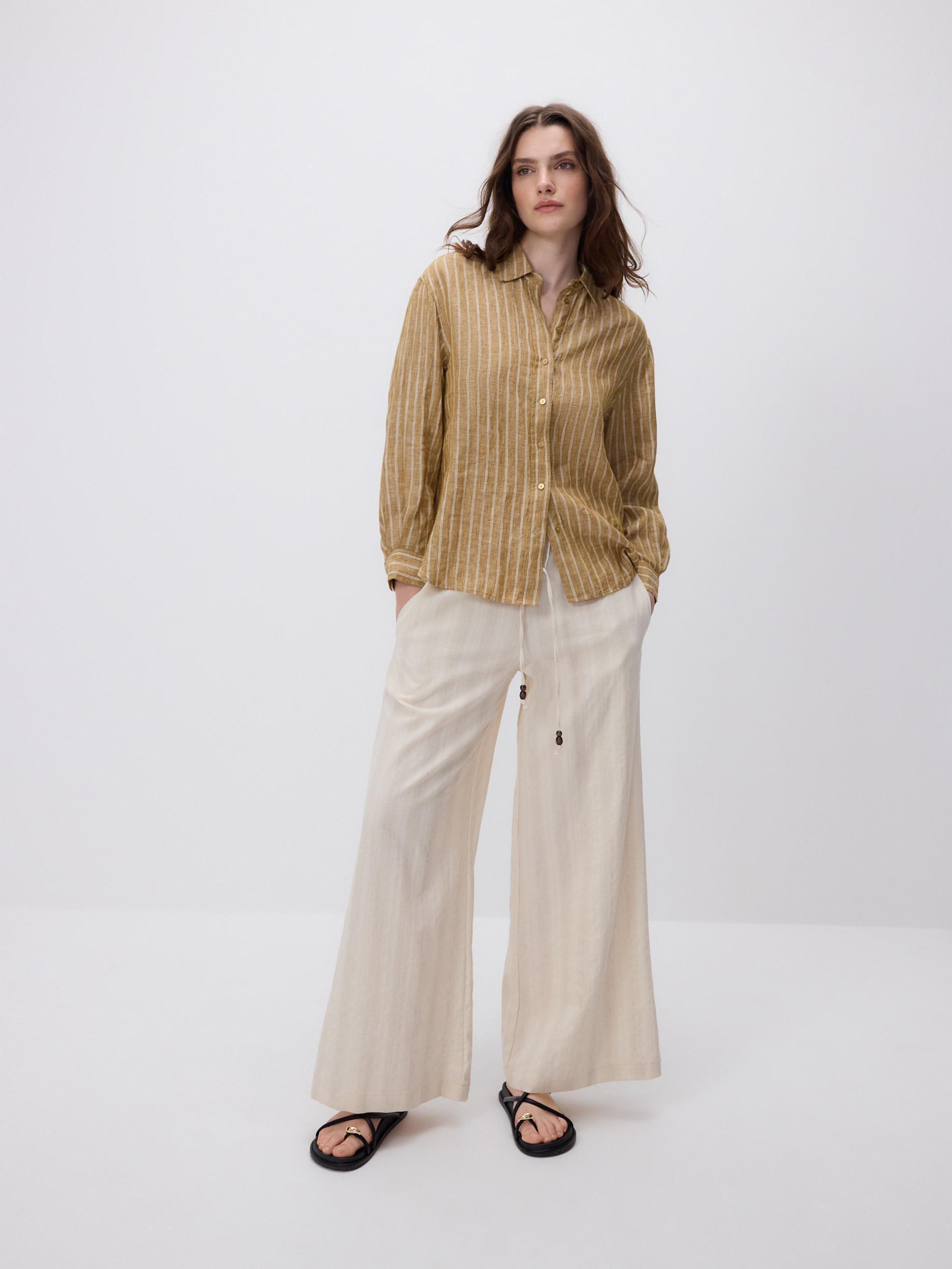 Beige Loose Trousers With Linen Blend, Ivory, medium