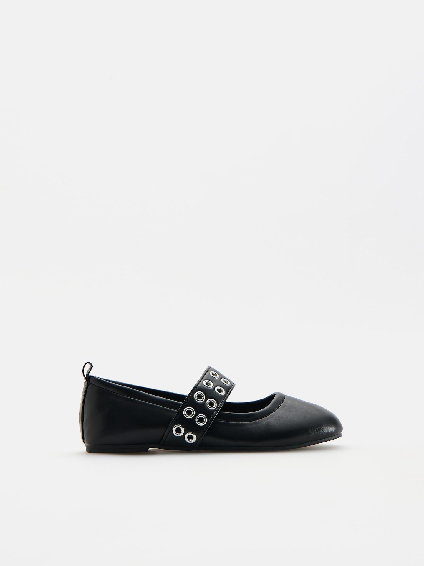 Black Leather Imitation Ballerinas, Black, medium