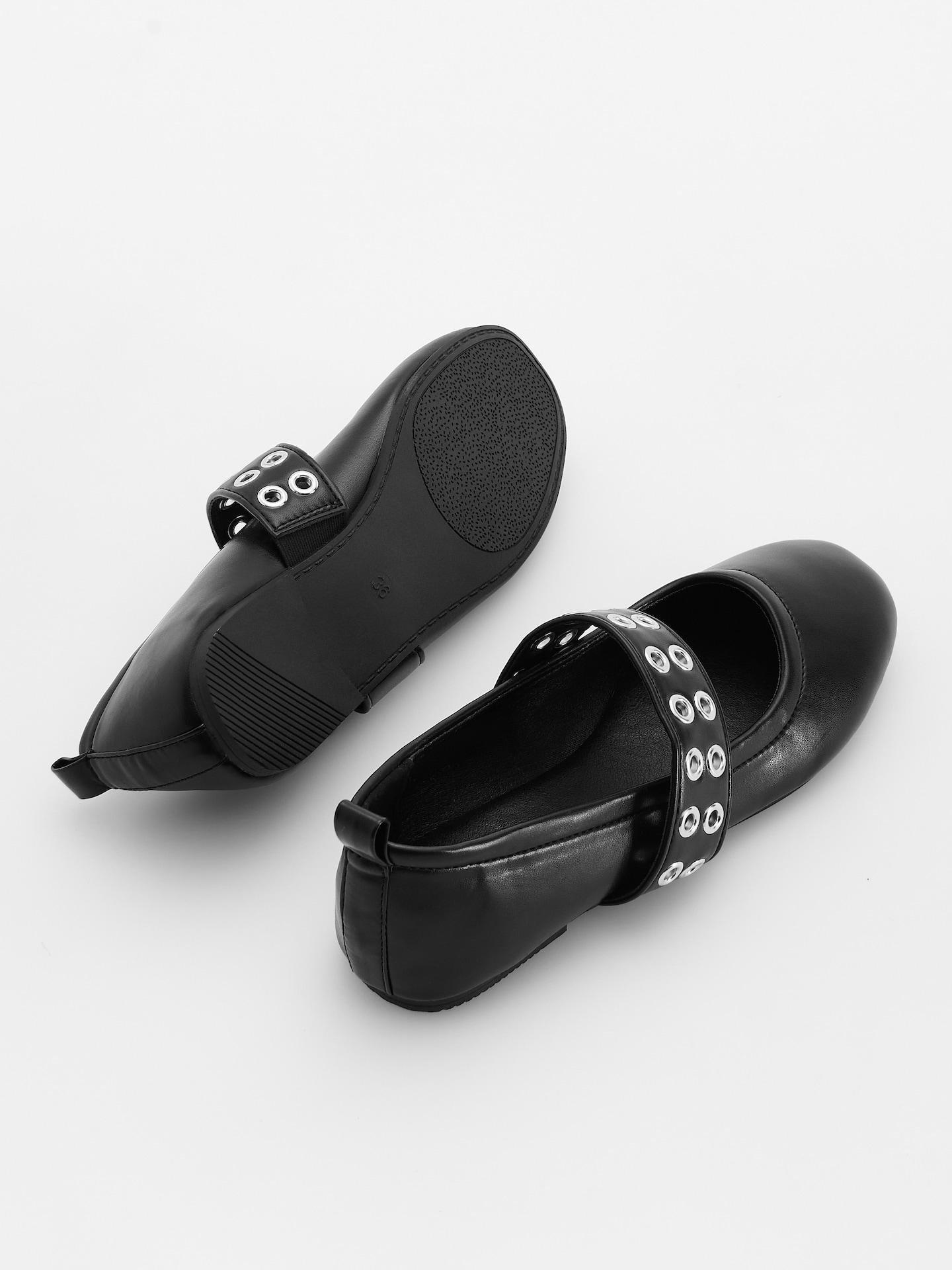 Black Leather Imitation Ballerinas, Black, large image number 2