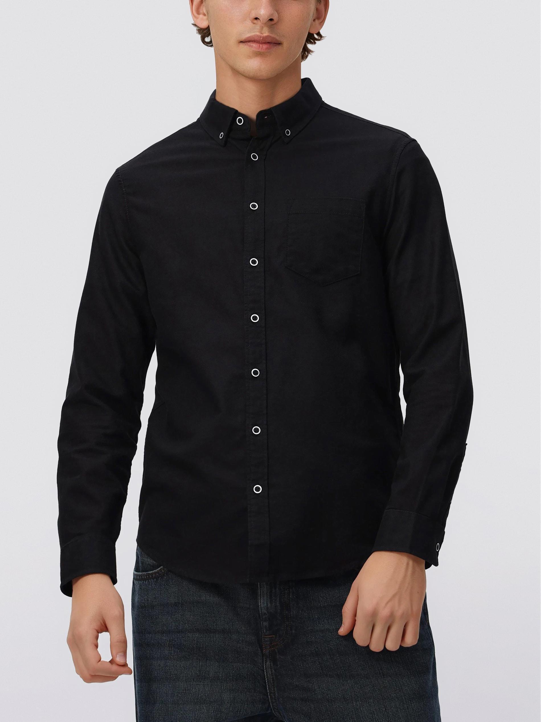 Black Slim Fit Cotton Rich Shirt, Black, medium