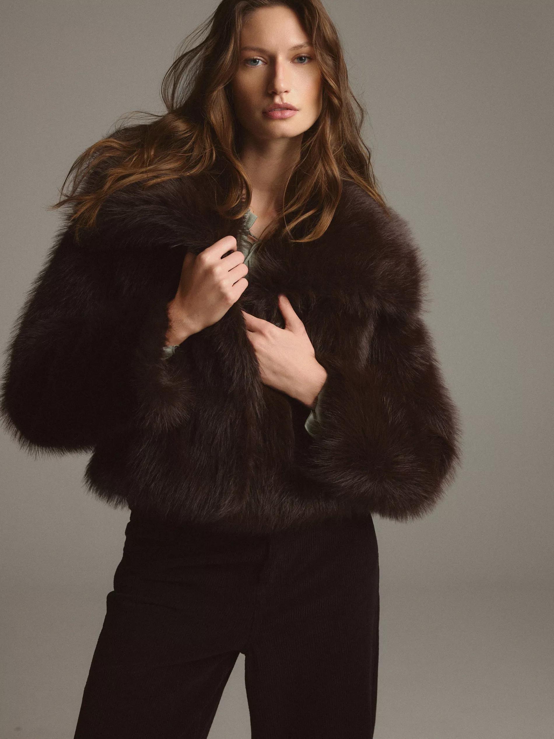 Brown Cropped Faux Fur Jacket, Brown, large image number 0