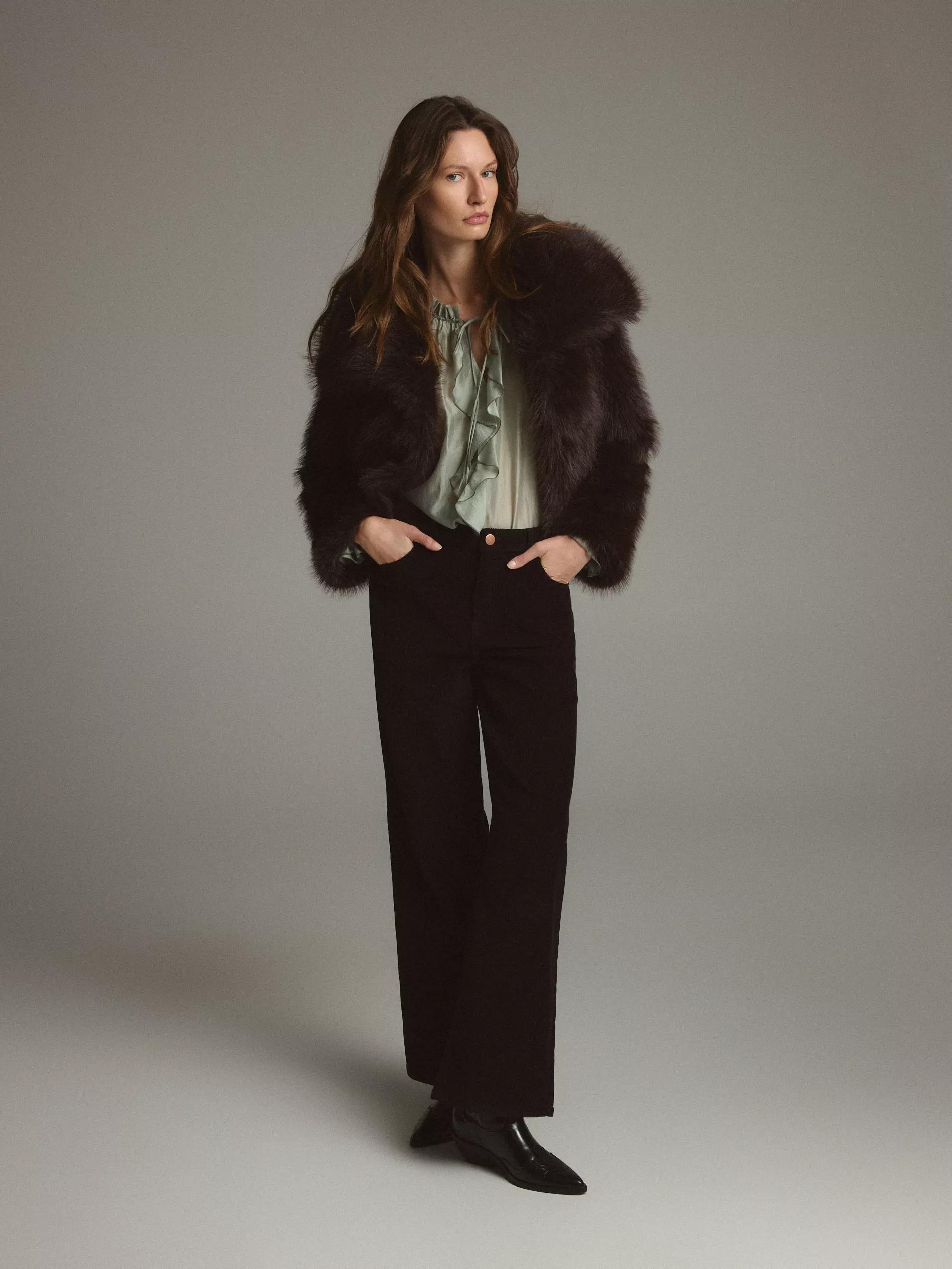 Brown Cropped Faux Fur Jacket, Brown, large image number 1