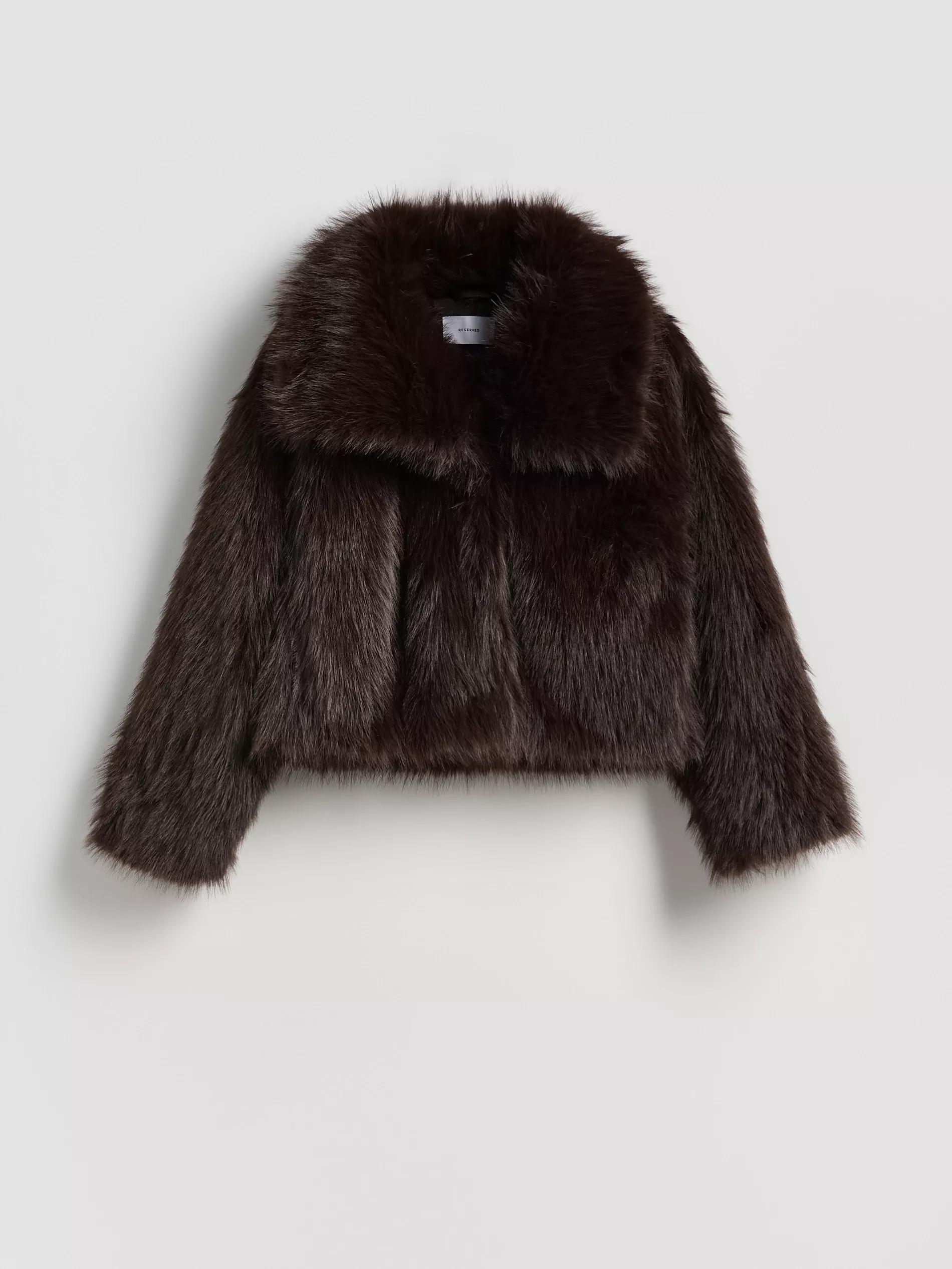 Brown Cropped Faux Fur Jacket, Brown, large image number 2