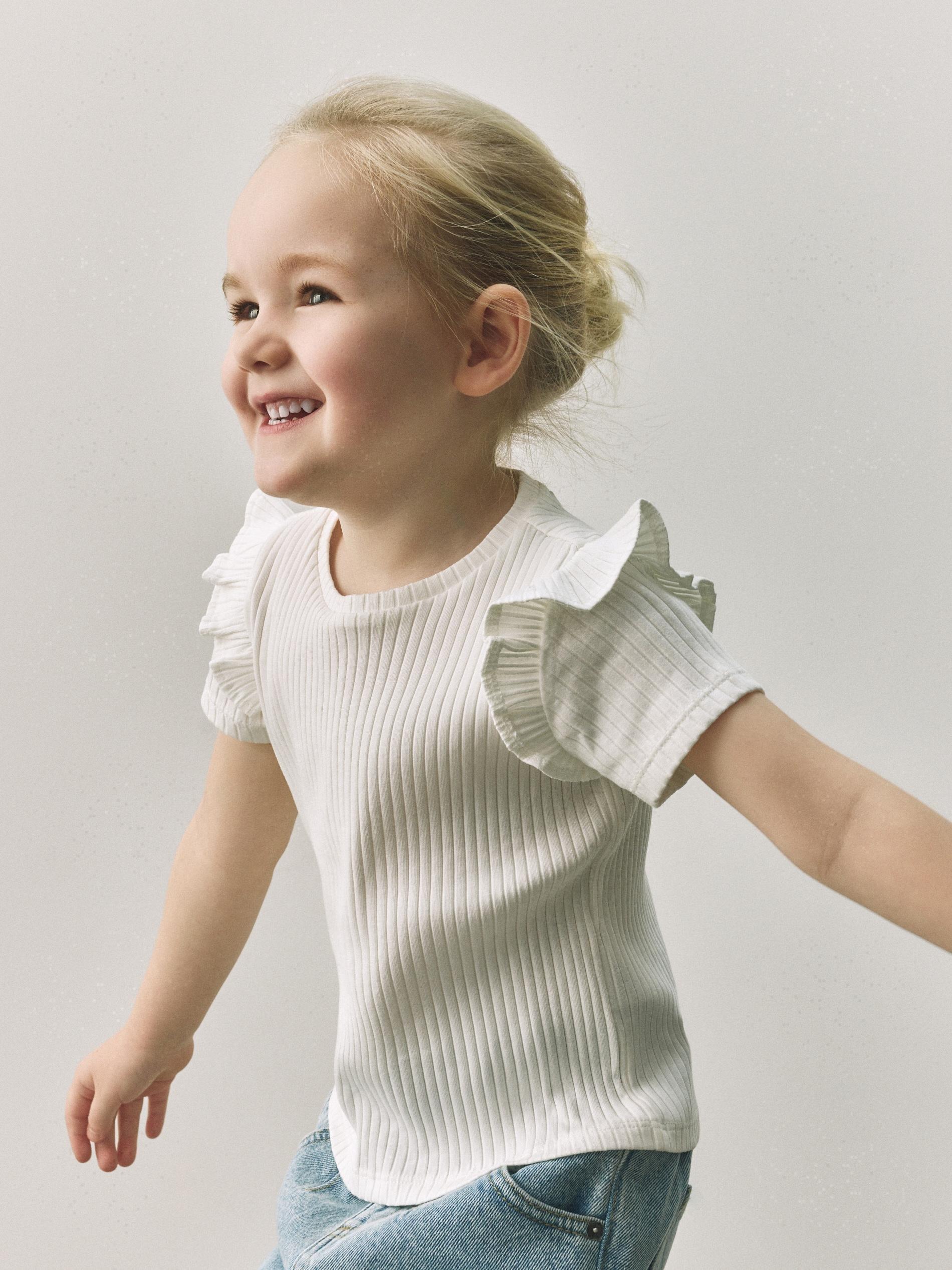 Cream Rib Knit T-Shirt With Ruffle Sleeves, Ivory, medium