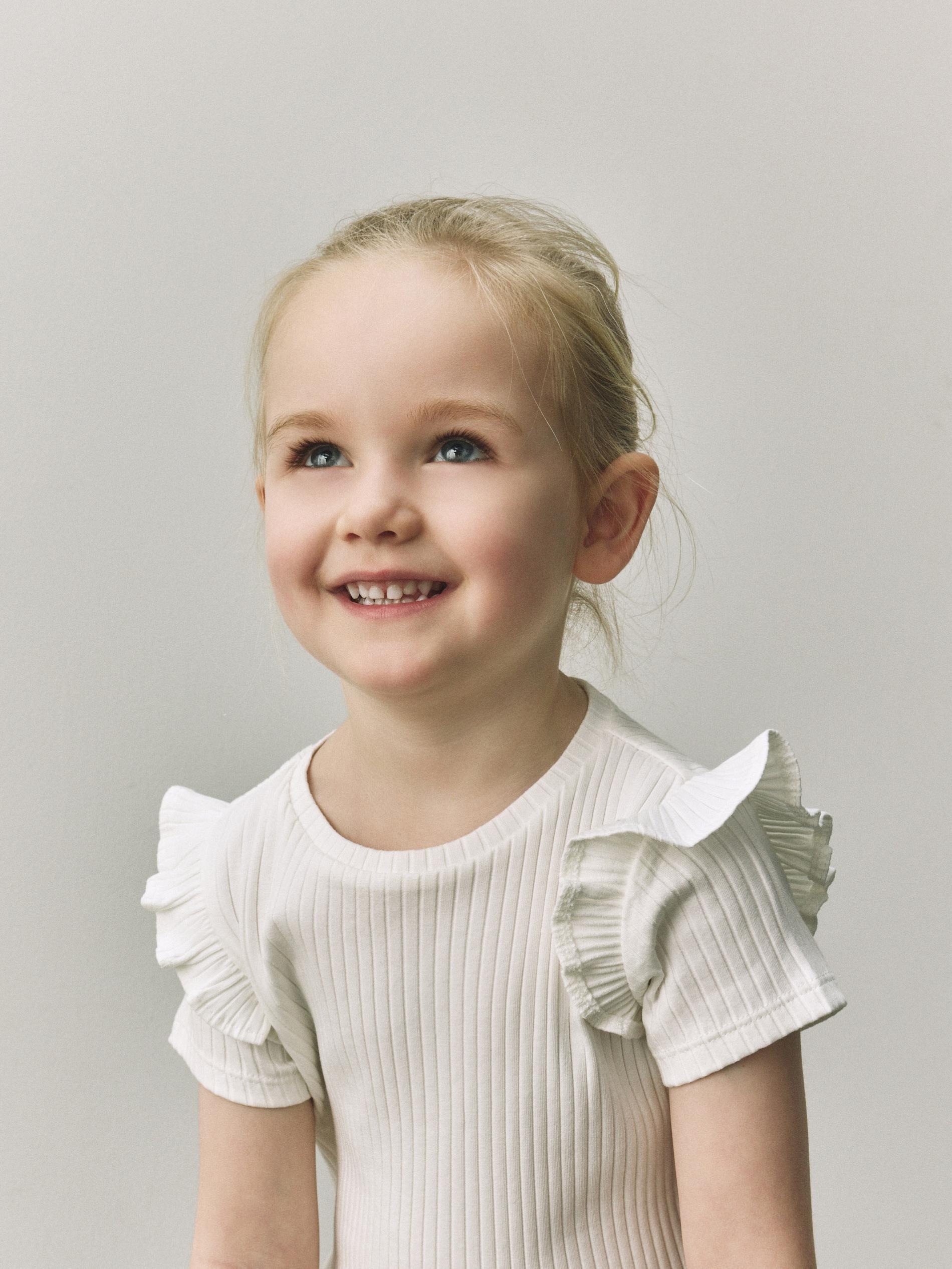 Cream Rib Knit T-Shirt With Ruffle Sleeves, Ivory, large image number 1