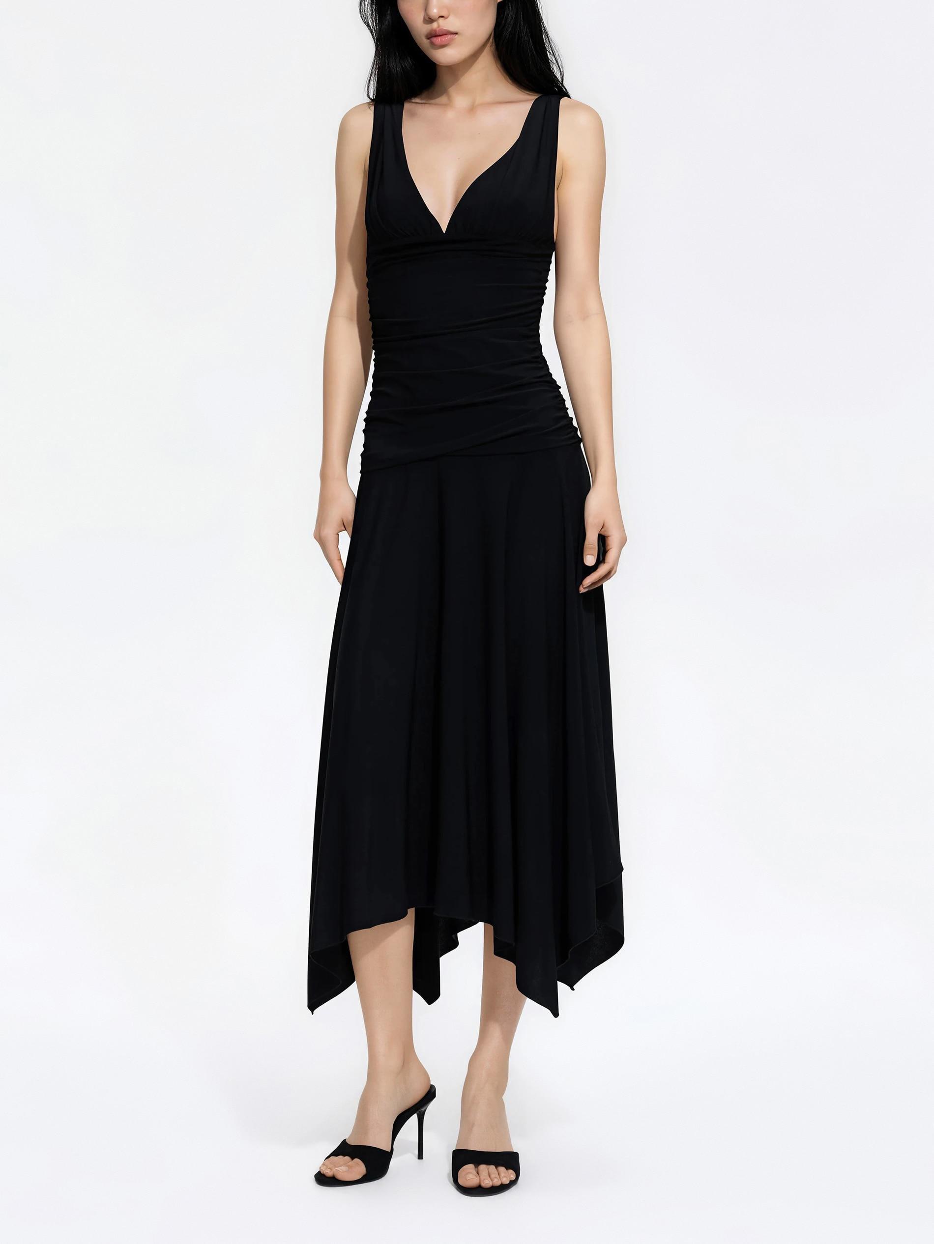 Black Midi Dress With Gathering, Black, medium