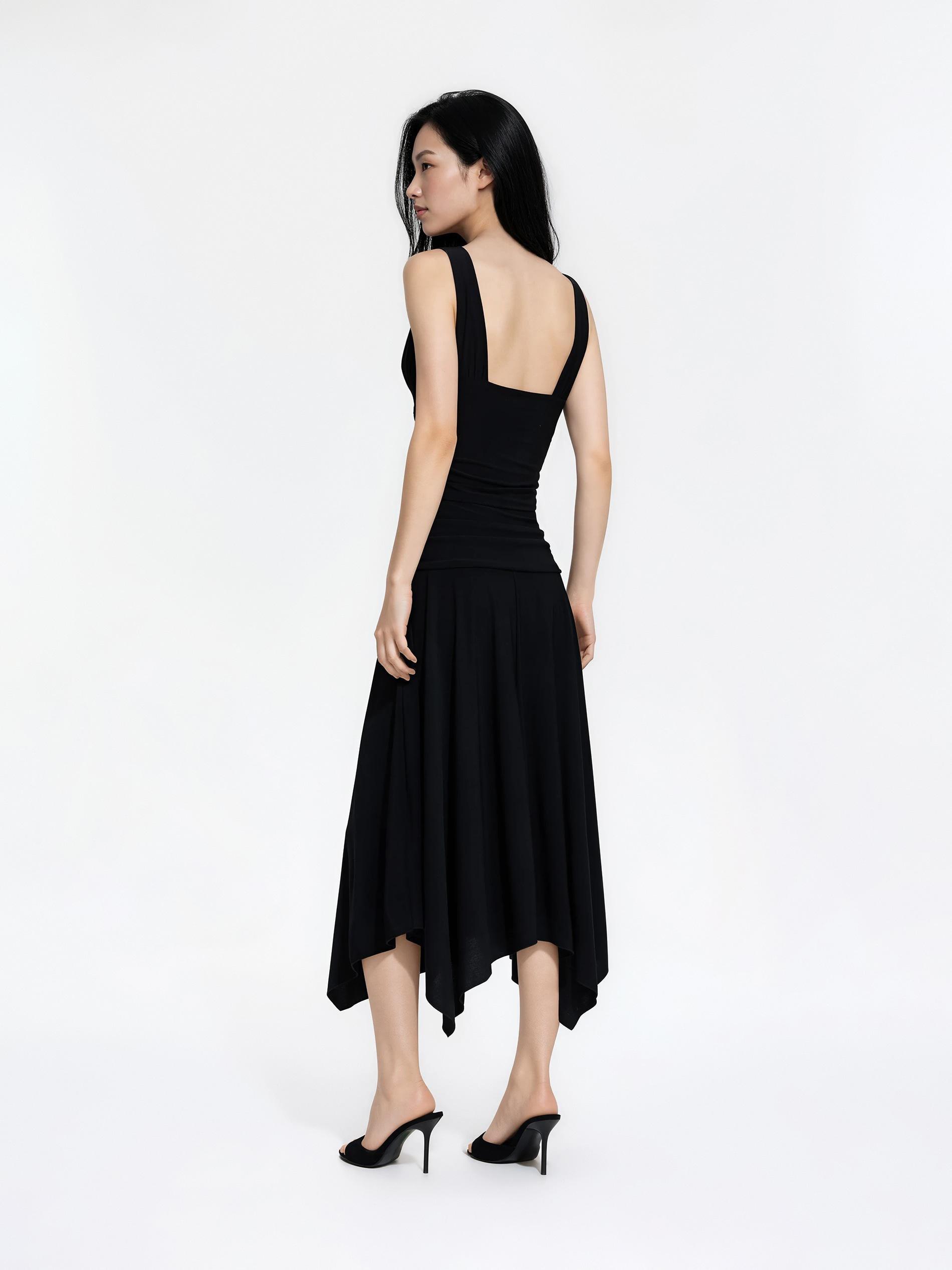 Black Midi Dress With Gathering, Black, large image number 1