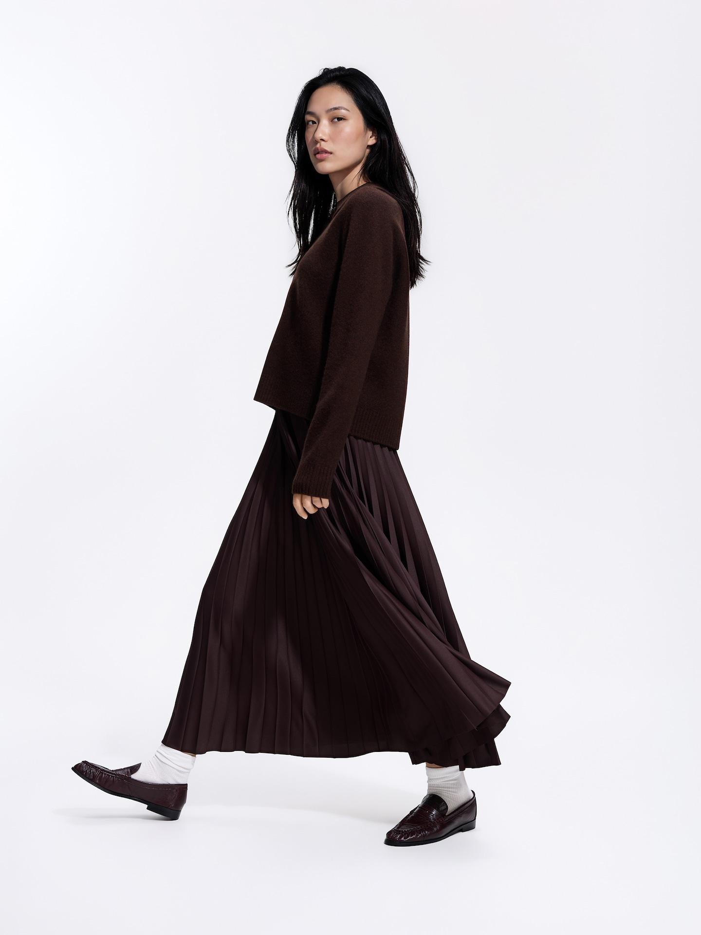 Brown Pleated Maxi Skirt, Brown, large image number 0