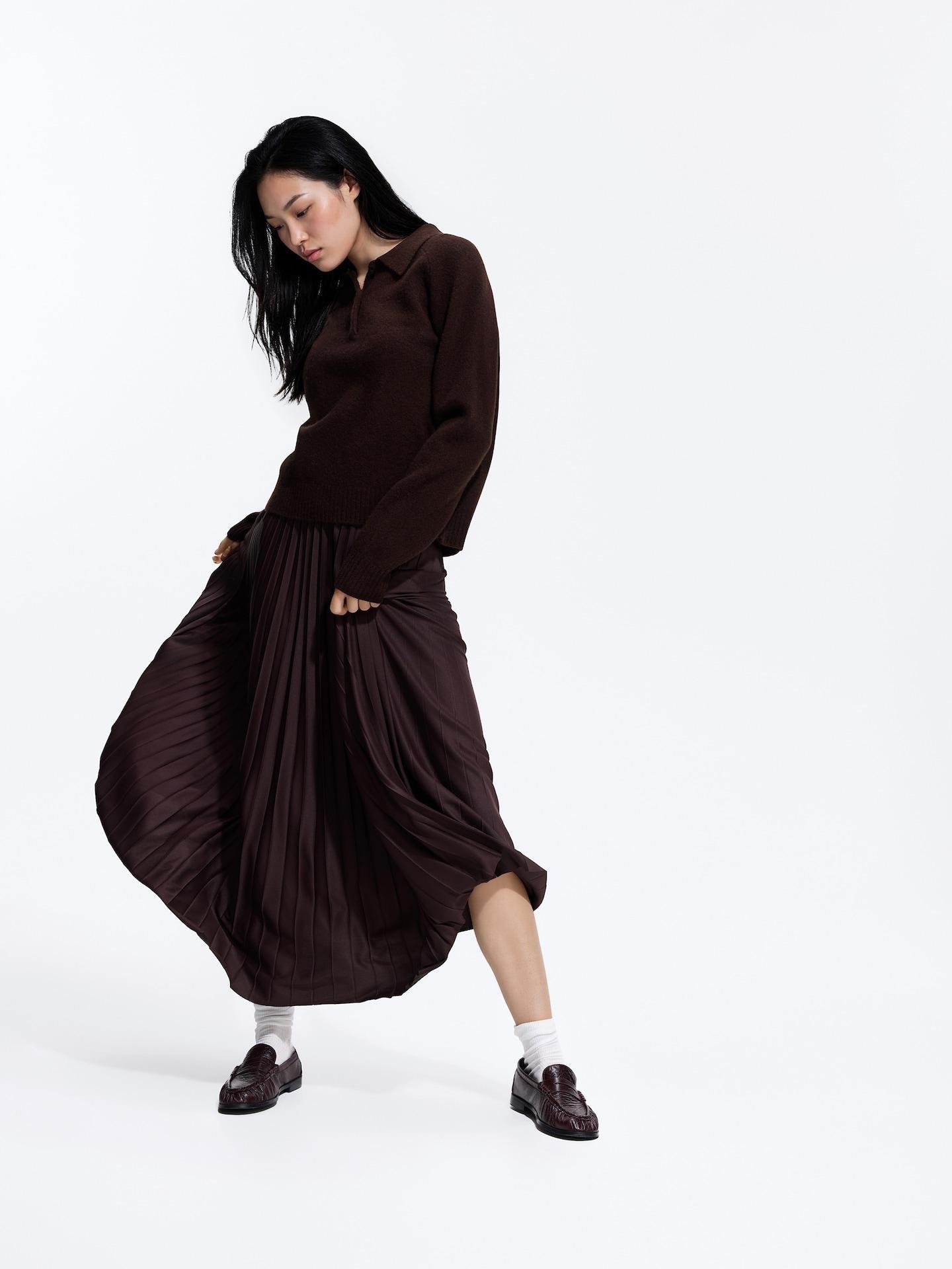 Brown Pleated Maxi Skirt, Brown, large image number 1