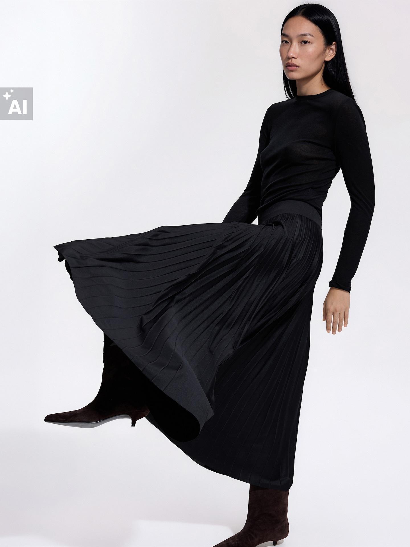 Black Pleated Maxi Skirt, Black, large image number 3