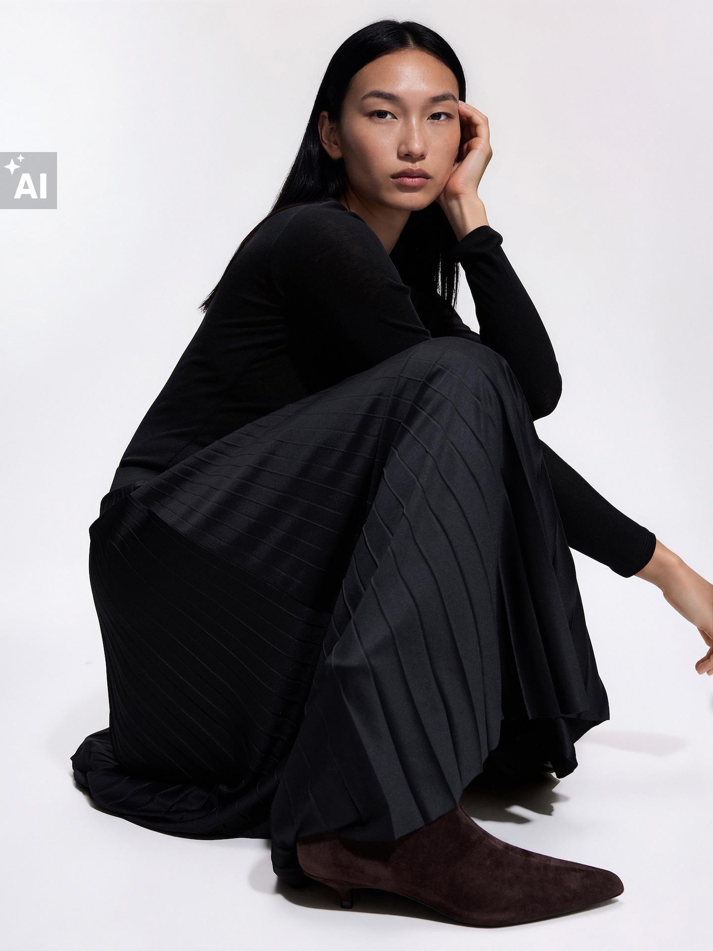Black Pleated Maxi Skirt, Black, large image number 4