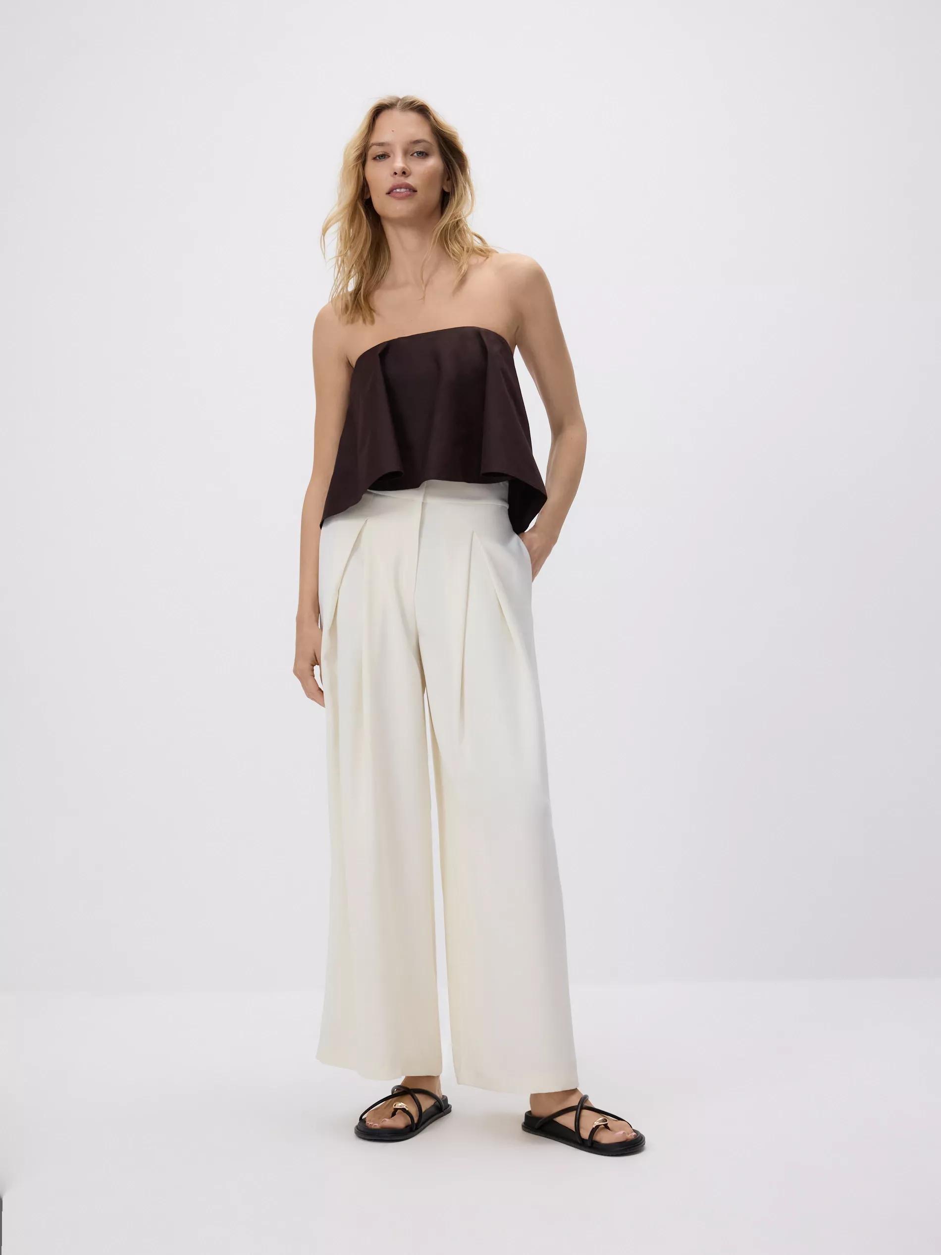 Cream Pleated Wide Leg Trousers, , large image number 0
