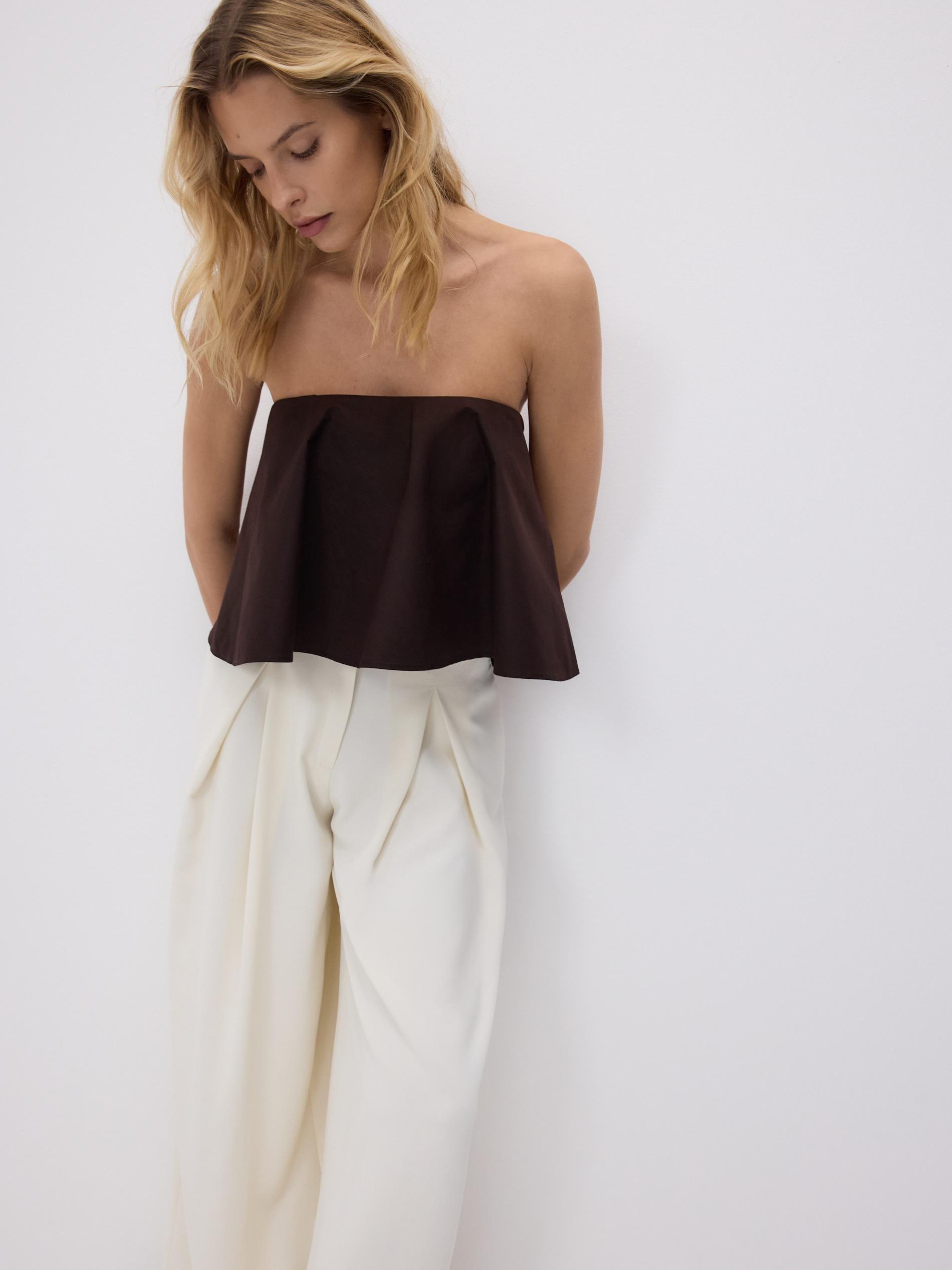 Cream Pleated Wide Leg Trousers, , large image number 1