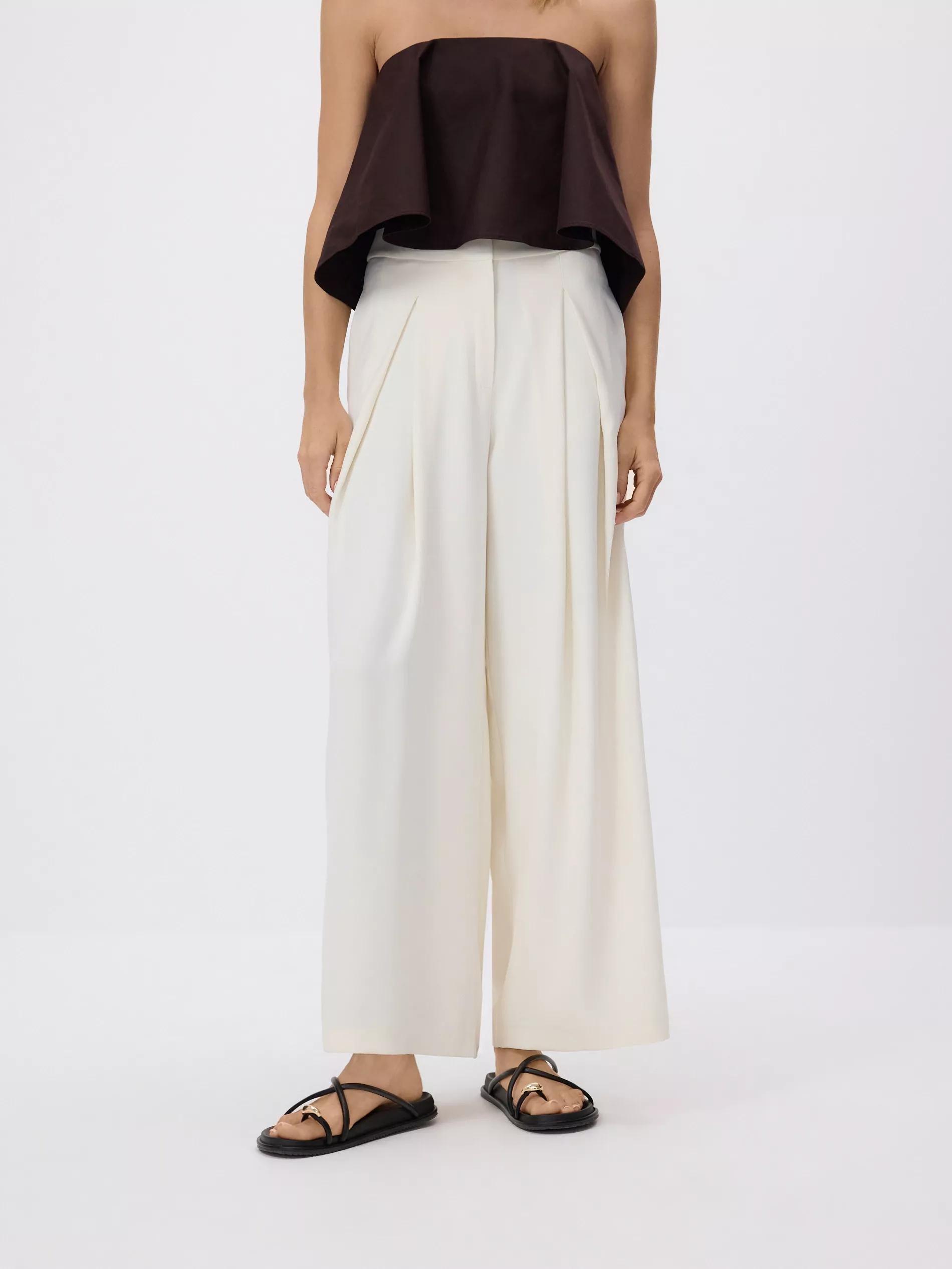 Cream Pleated Wide Leg Trousers, , large image number 2