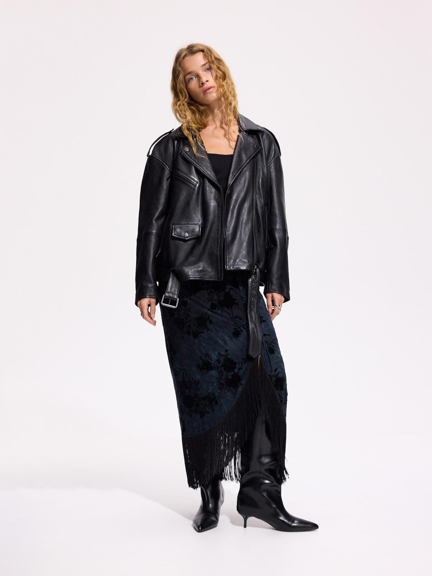 Black Midi Skirt With Fringes, Black, medium