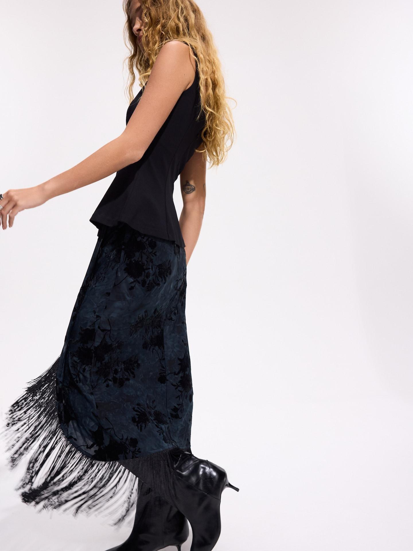 Black Midi Skirt With Fringes, Black, large image number 1