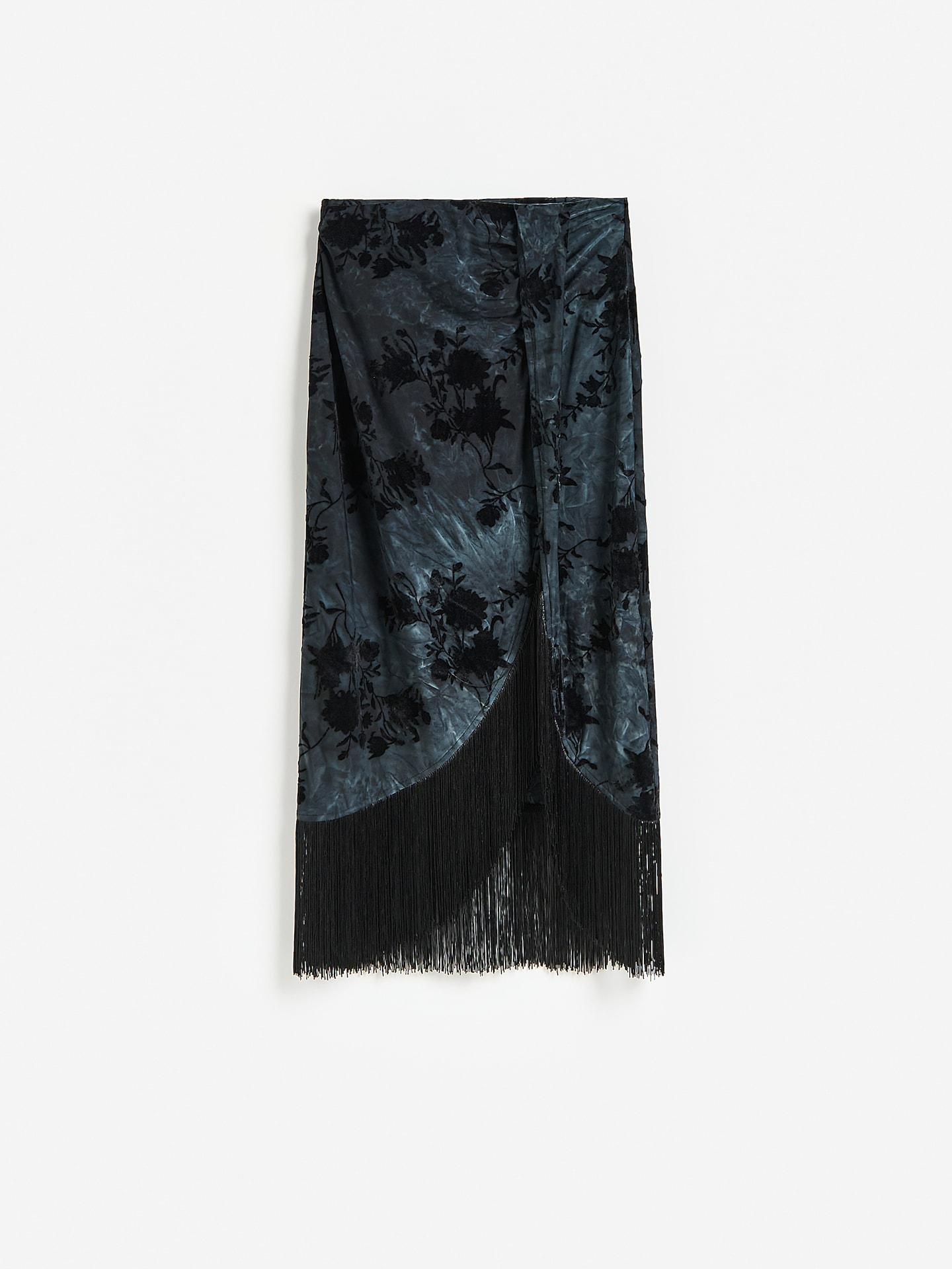 Black Midi Skirt With Fringes, Black, large image number 3