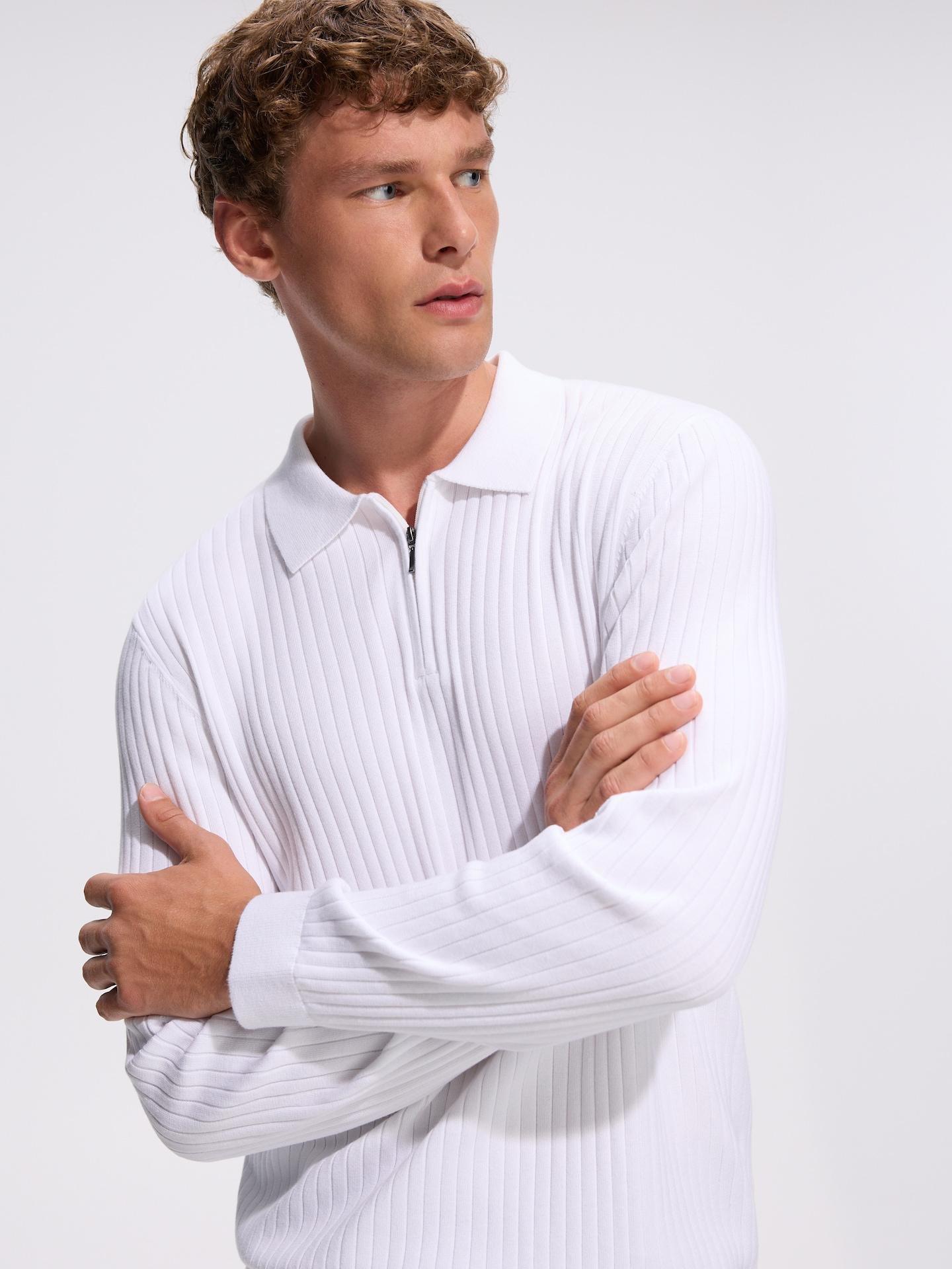 White Ribbed Polo Sweater, White, large image number 0