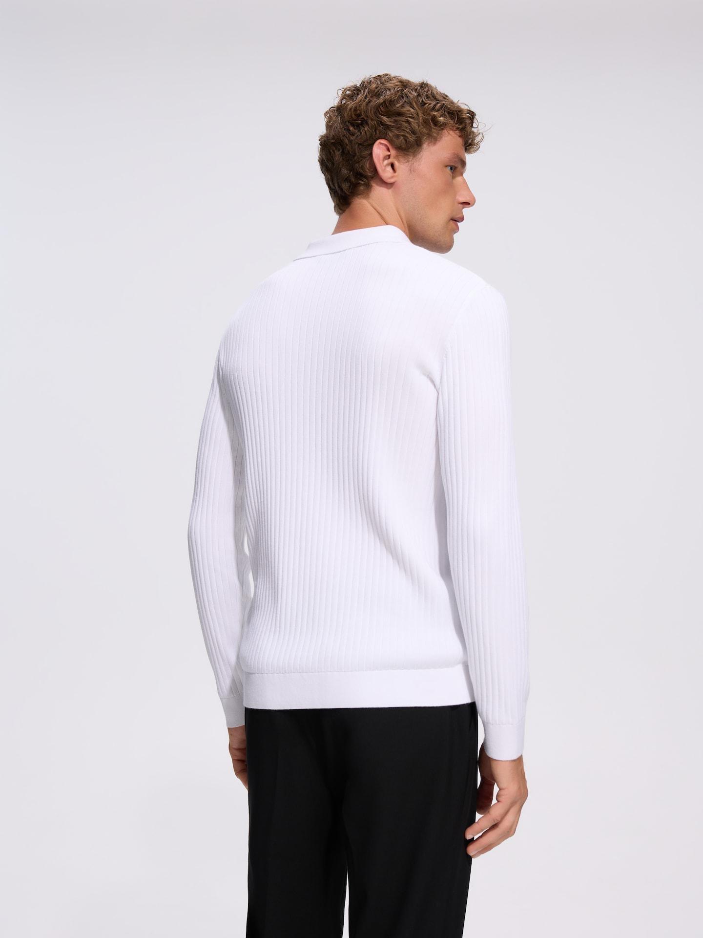 White Ribbed Polo Sweater, White, medium