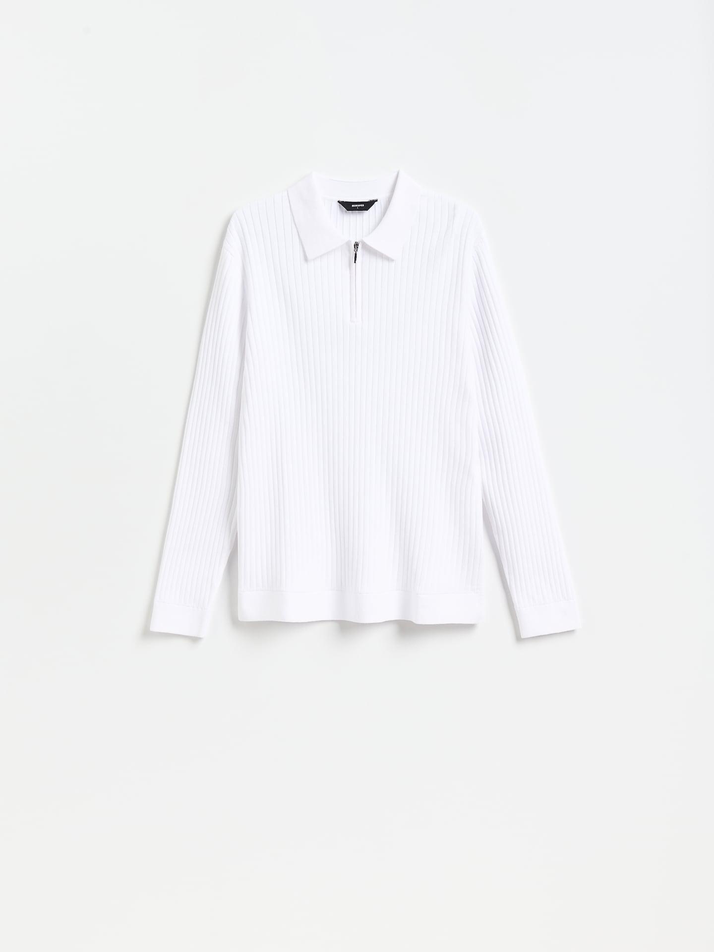White Ribbed Polo Sweater, White, large image number 3