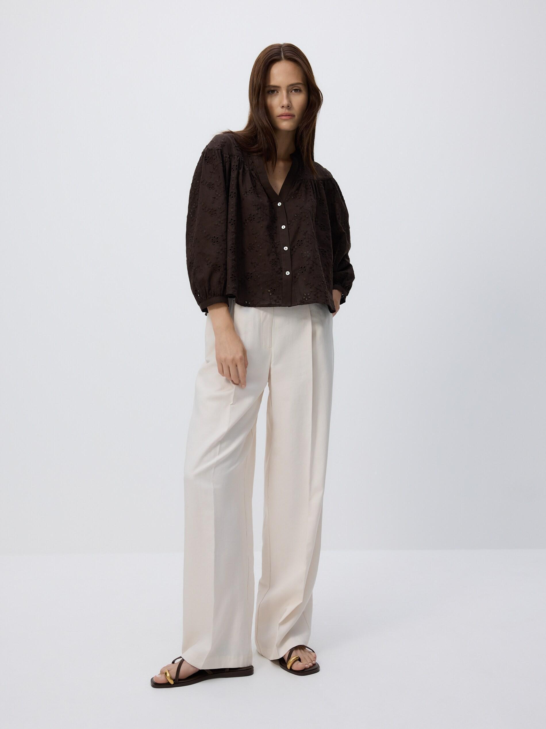 Cream Wide-Leg Modal Blend Trousers, Ivory, large image number 1