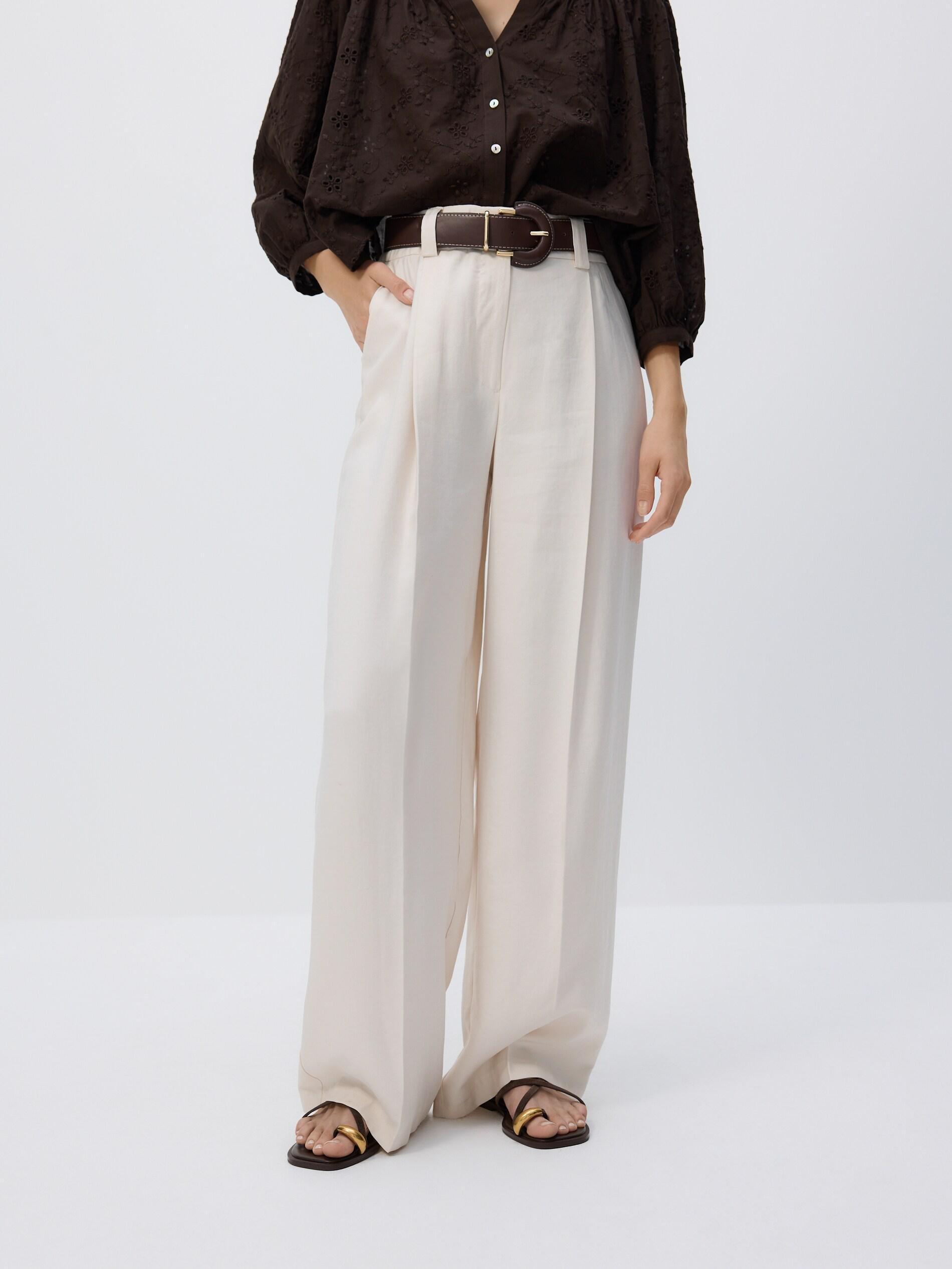 Cream Wide-Leg Modal Blend Trousers, Ivory, large image number 2