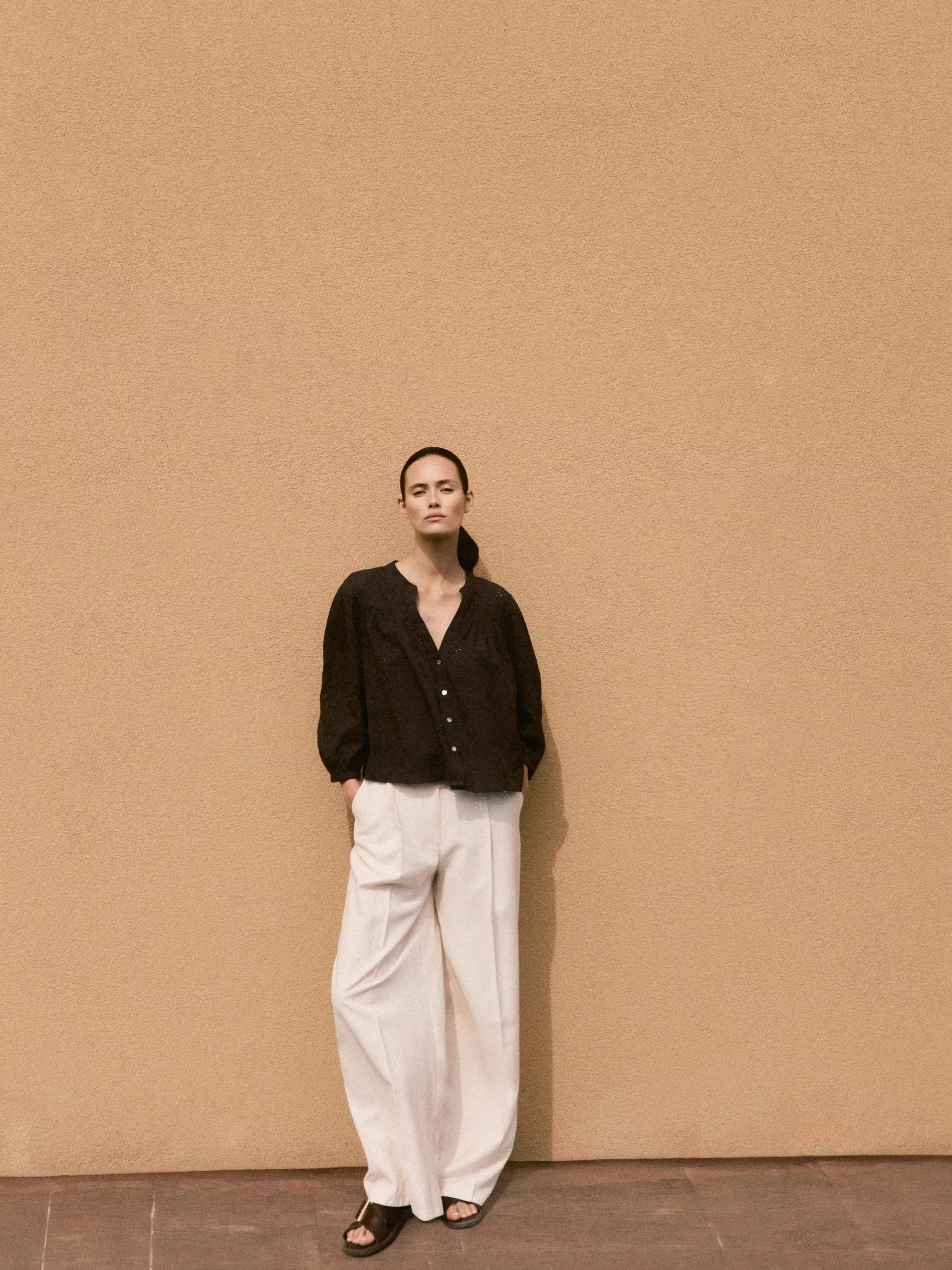 Cream Wide-Leg Modal Blend Trousers, Ivory, large image number 5