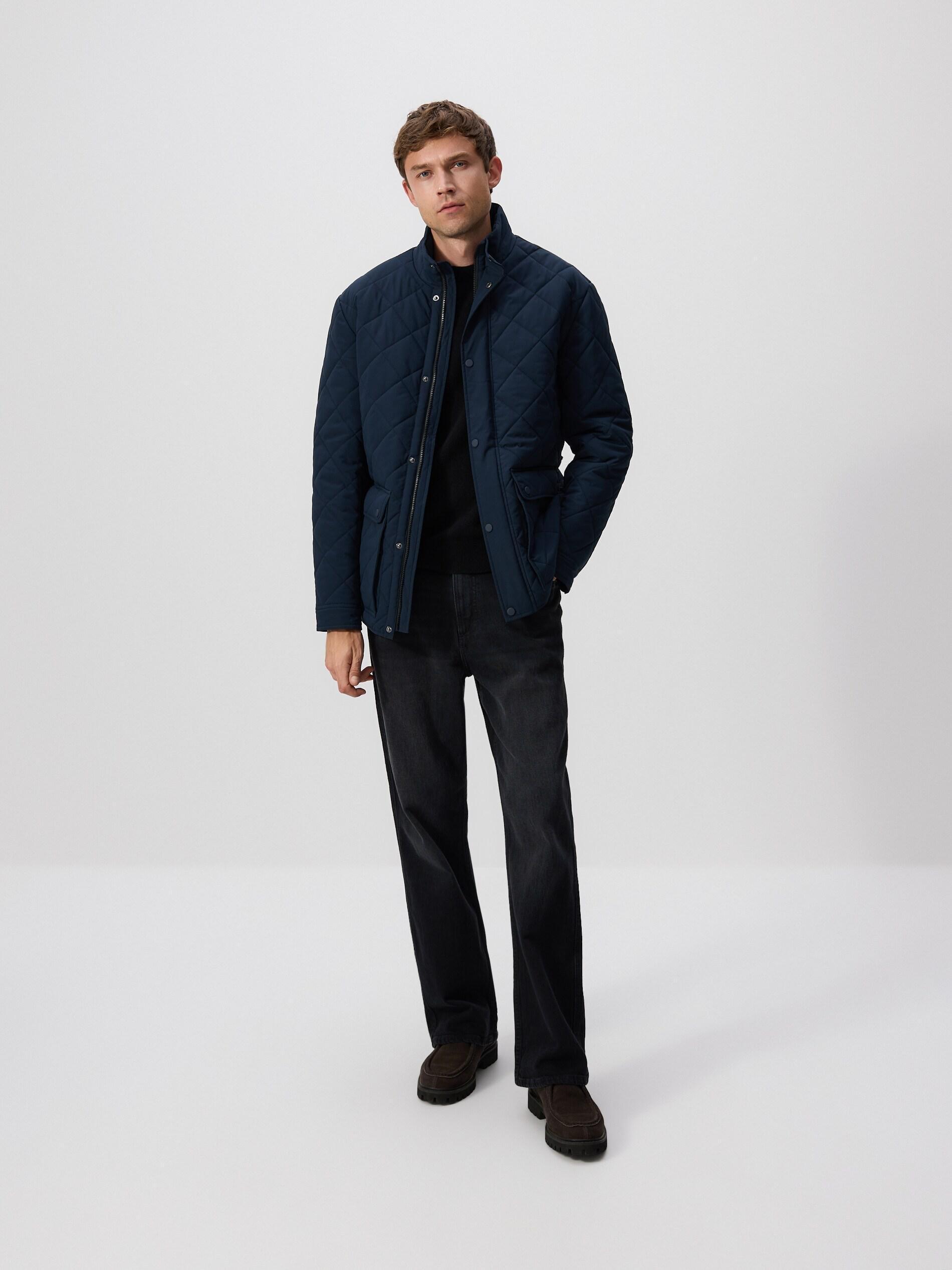 Navy Quilted Jacket With Stand Up Collar, Navy, medium