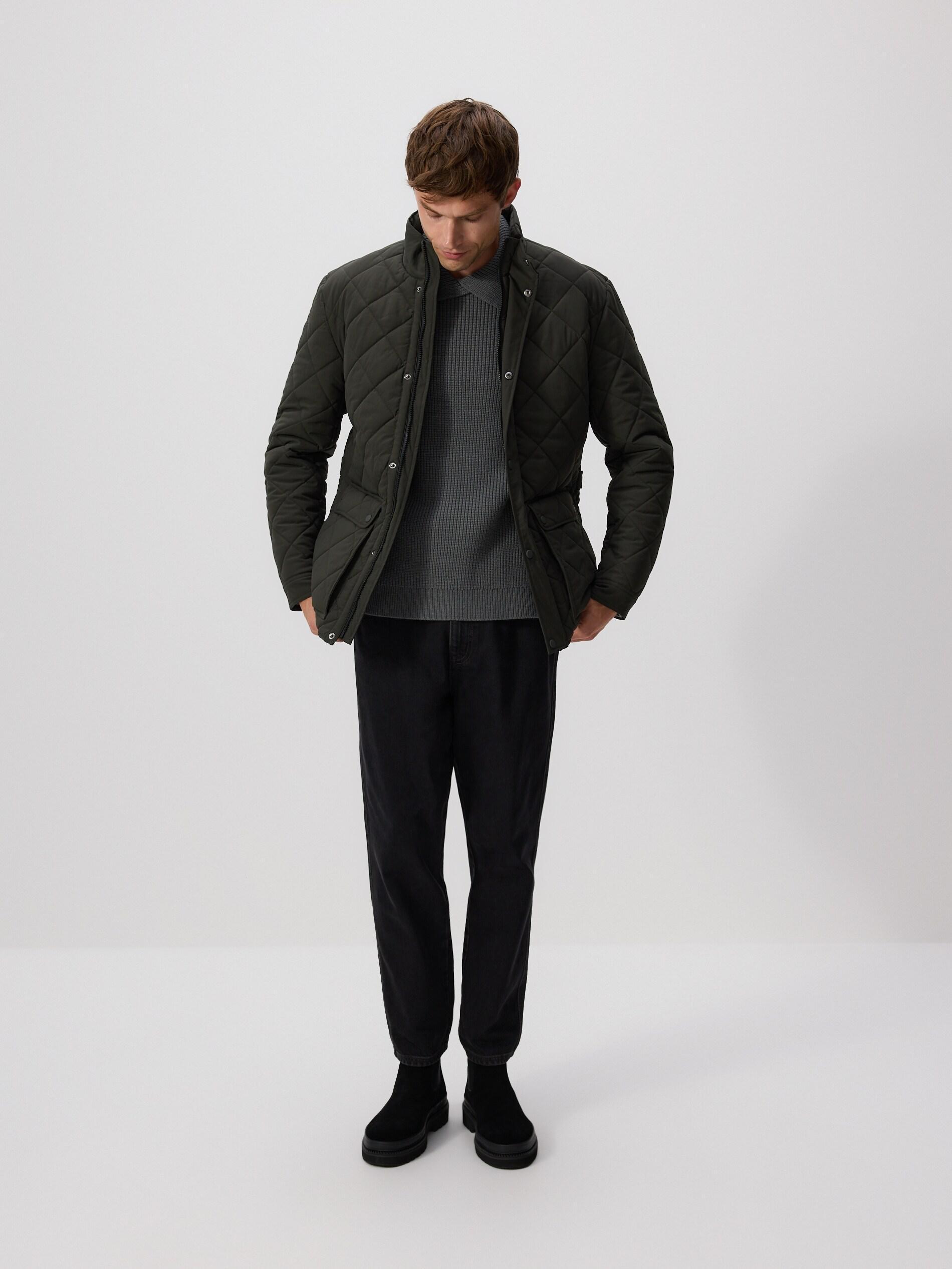 Green Quilted Jacket With Stand Up Collar, Khaki, medium