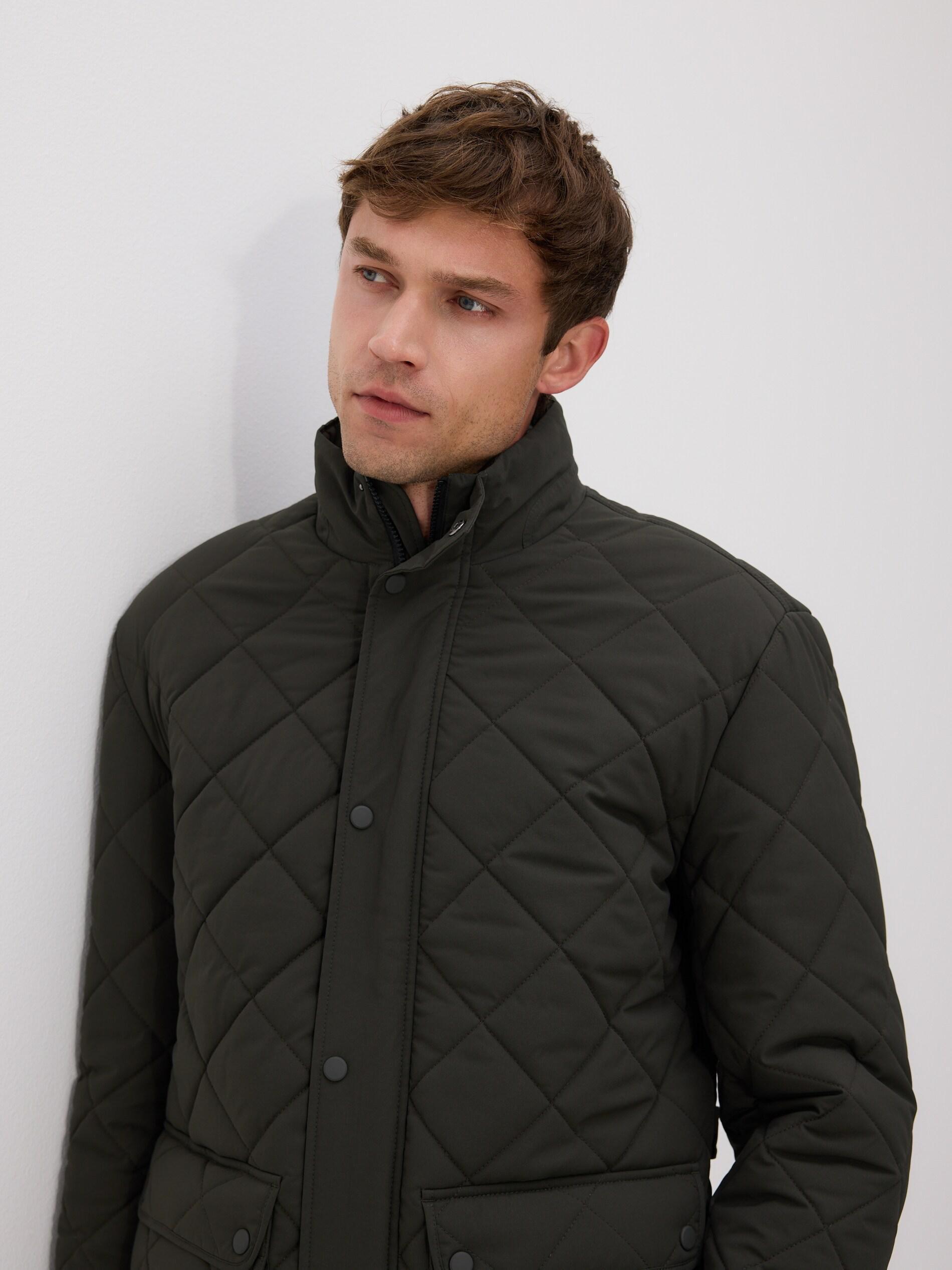 Green Quilted Jacket With Stand Up Collar, Khaki, medium