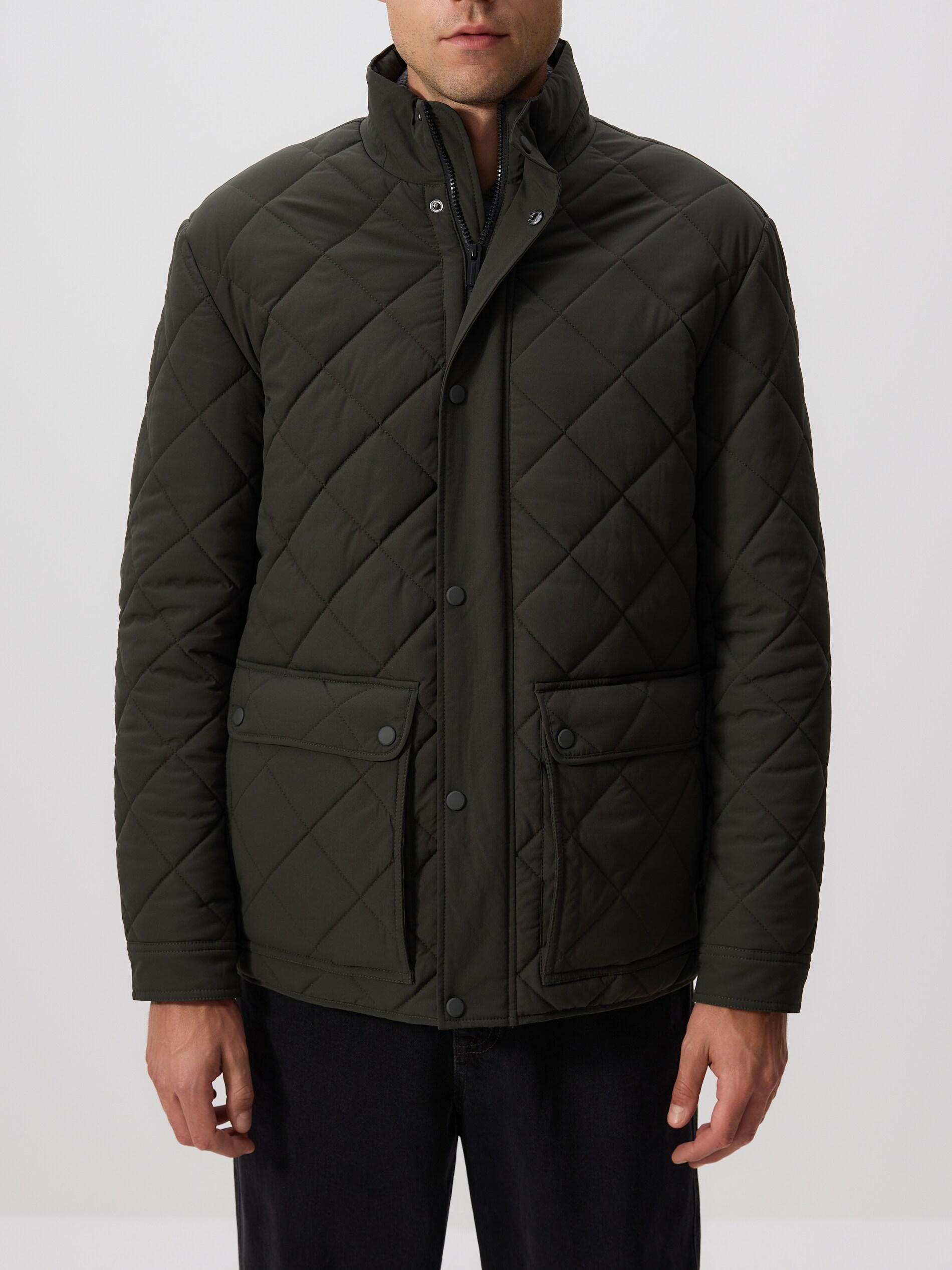 Green Quilted Jacket With Stand Up Collar, Khaki, medium