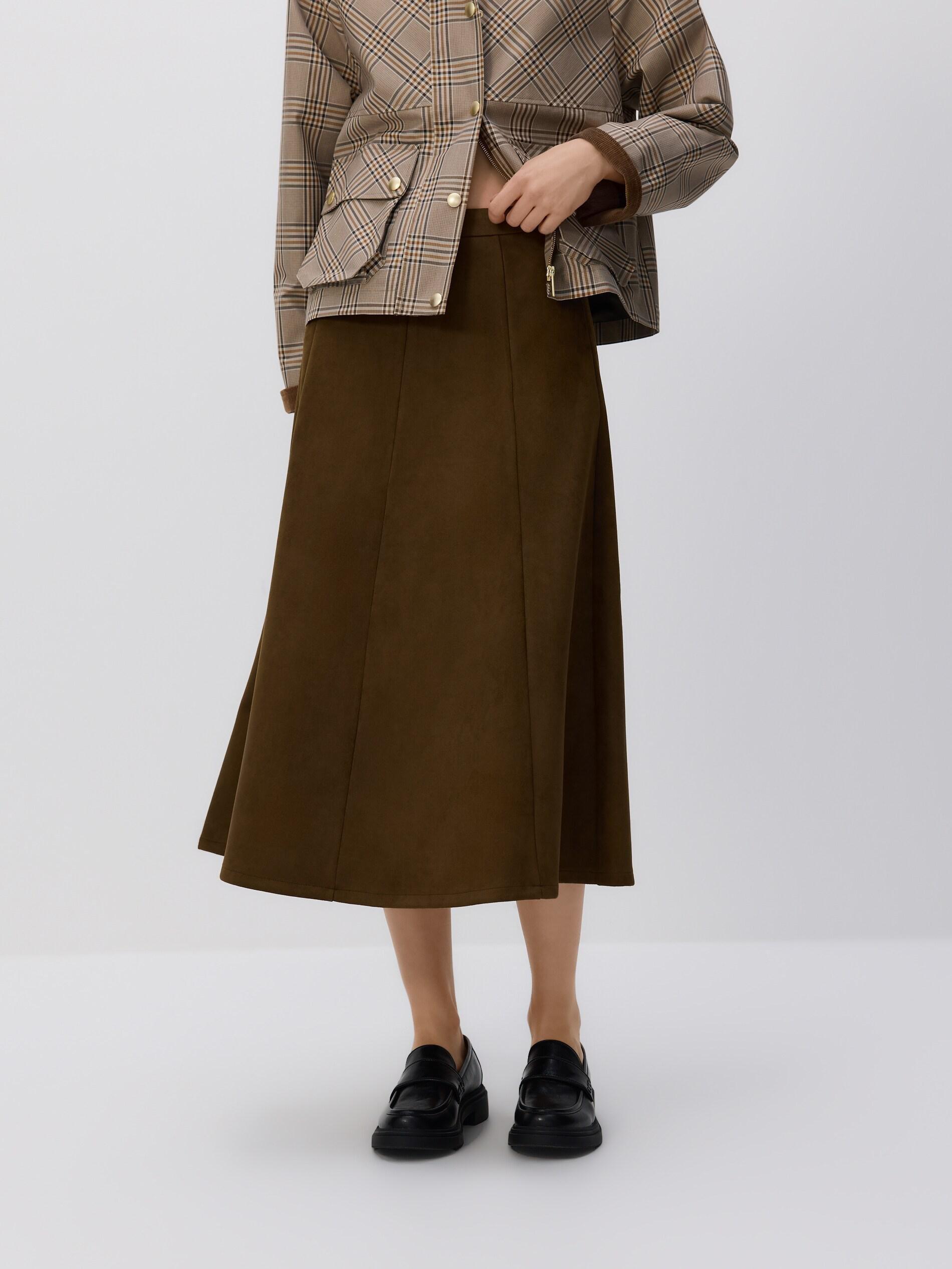 Green Faux Suede Midi Skirt, Khaki, large image number 1