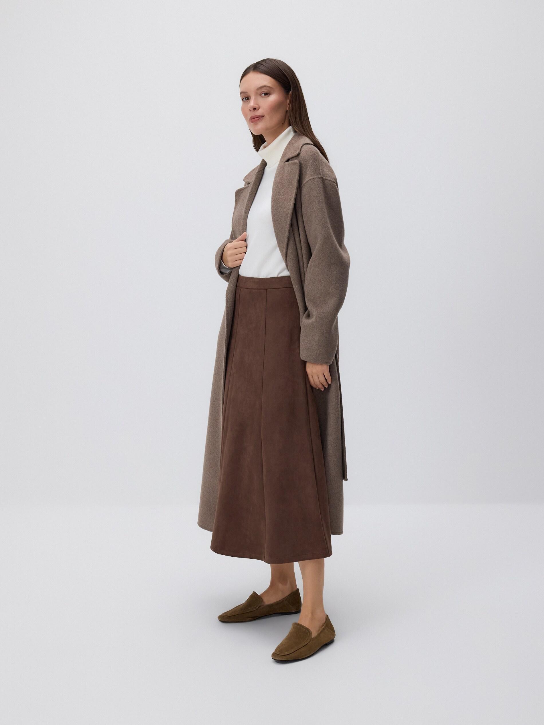 Brown Faux Suede Midi Skirt, Brown, large image number 0