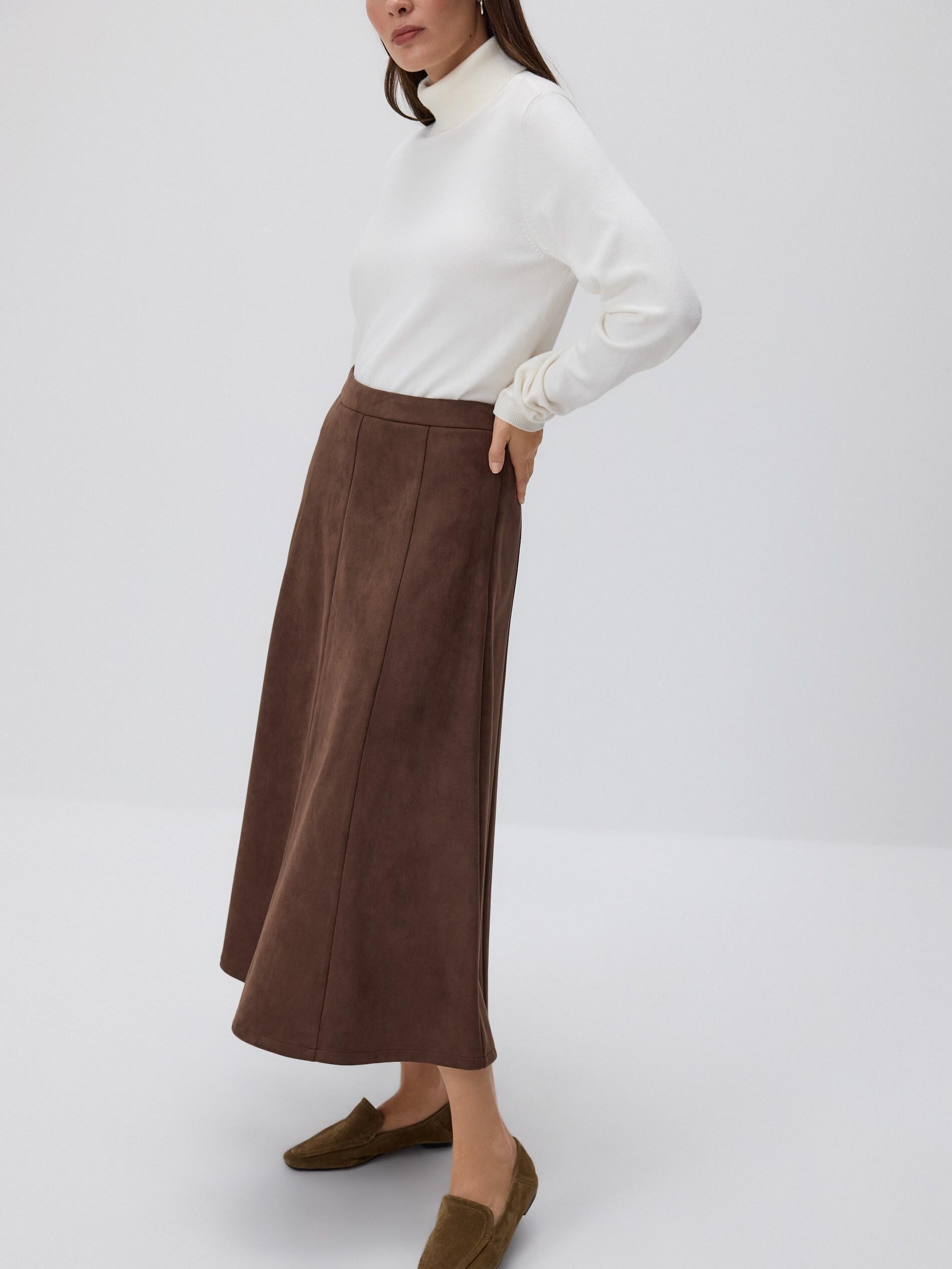 Brown Faux Suede Midi Skirt, Brown, large image number 1
