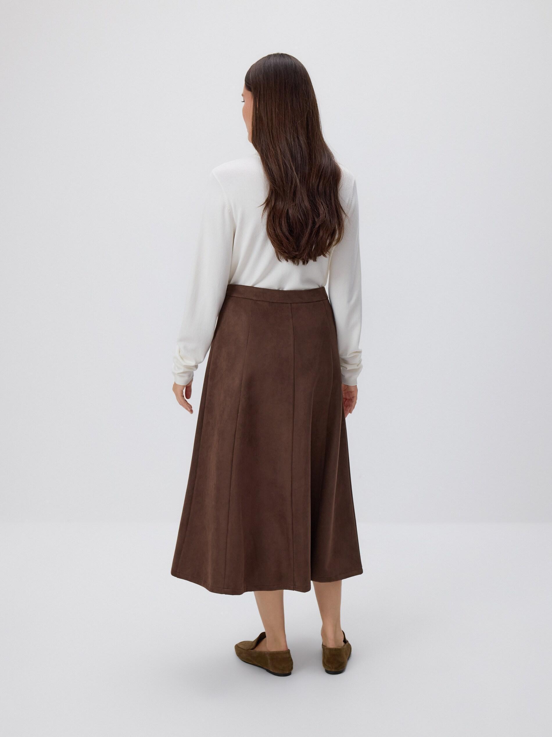 Brown Faux Suede Midi Skirt, Brown, large image number 2