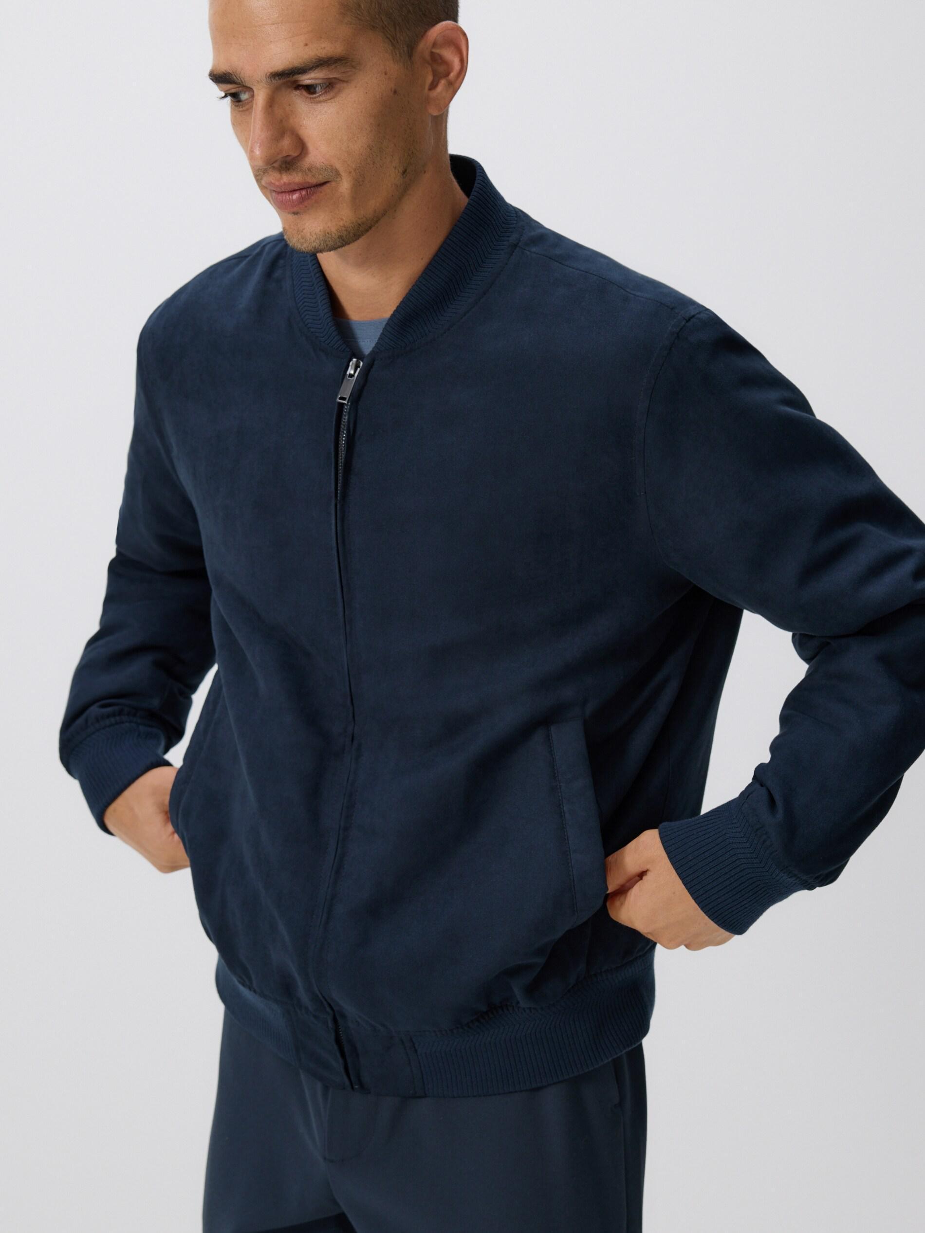 Navy Suede Imitation Bomber Jacket, Navy, large image number 0