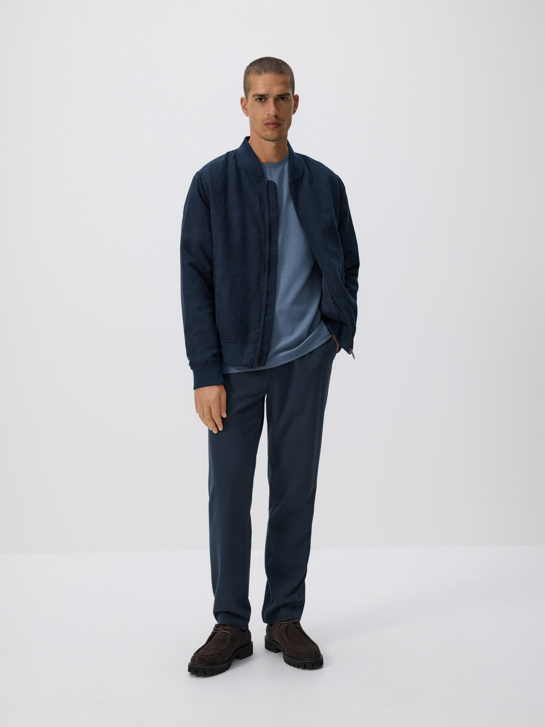 Navy Suede Imitation Bomber Jacket, Navy, large image number 1