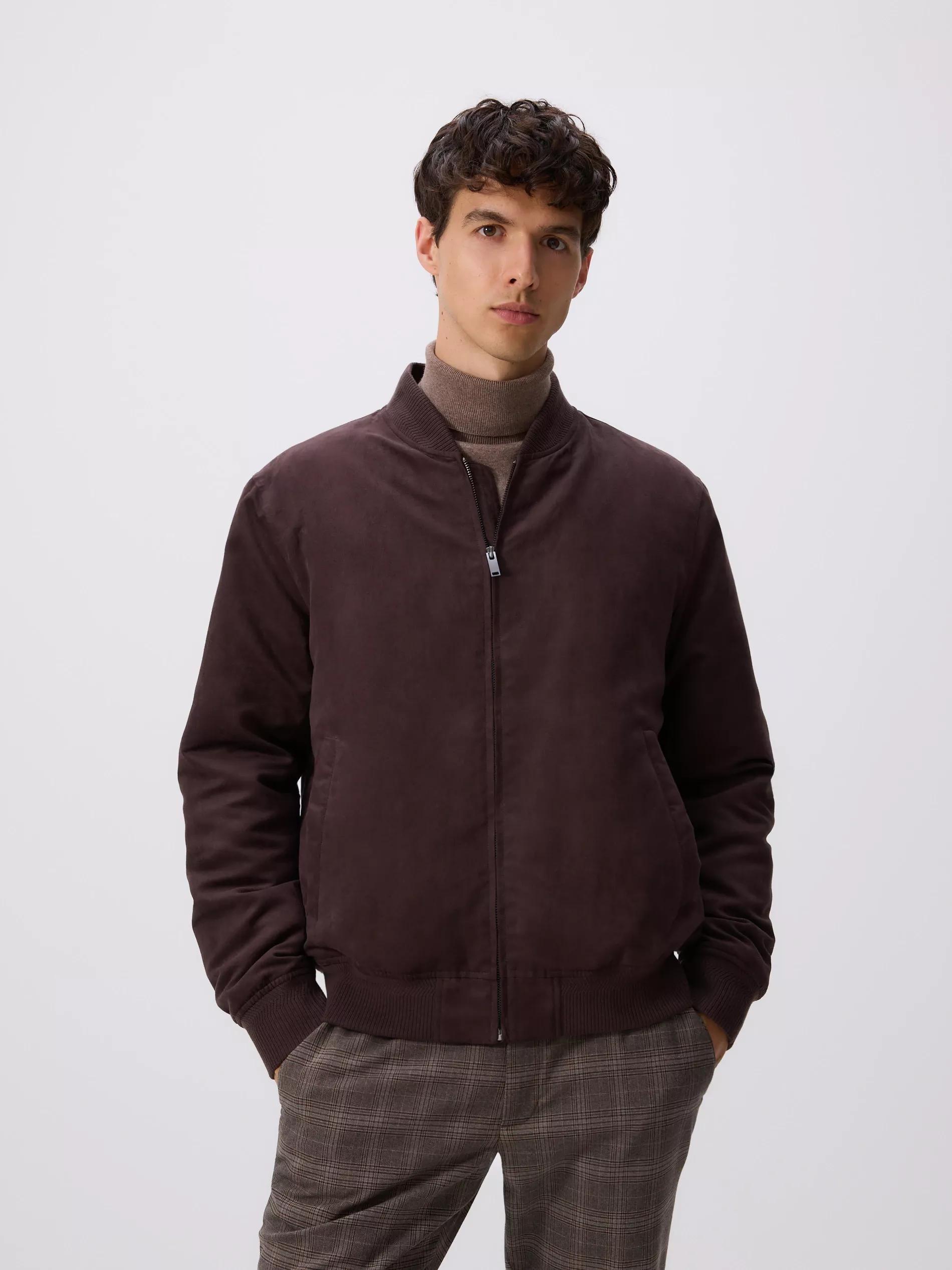 Brown Suede Imitation Bomber Jacket, Brown, large image number 1