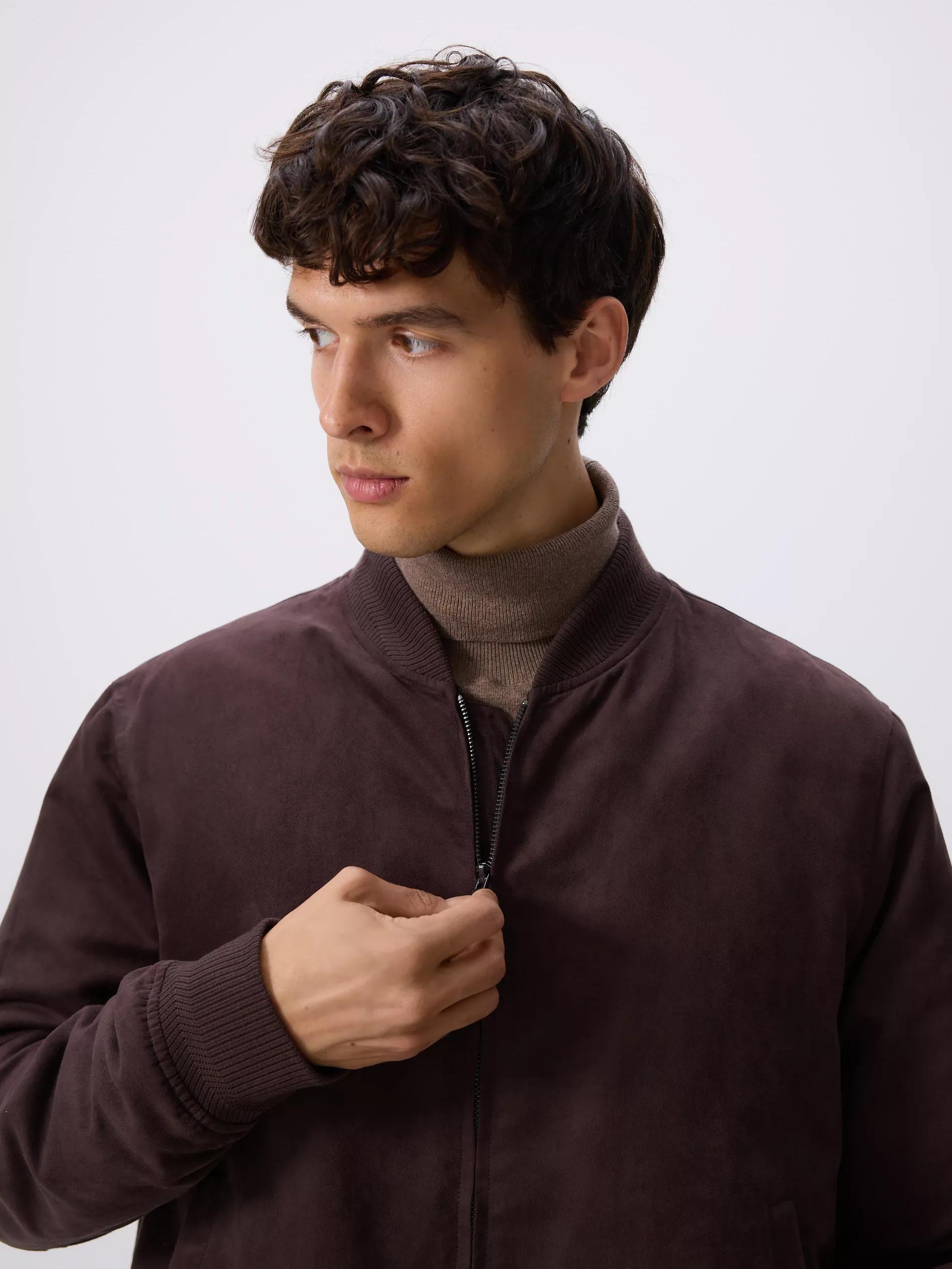 Brown Suede Imitation Bomber Jacket, Brown, large image number 2
