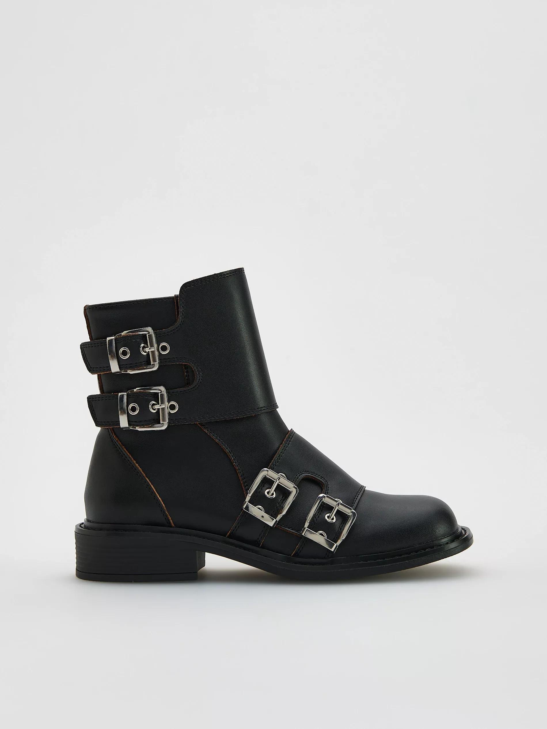 Black Leather Ankle Boots With Buckles, Black, medium