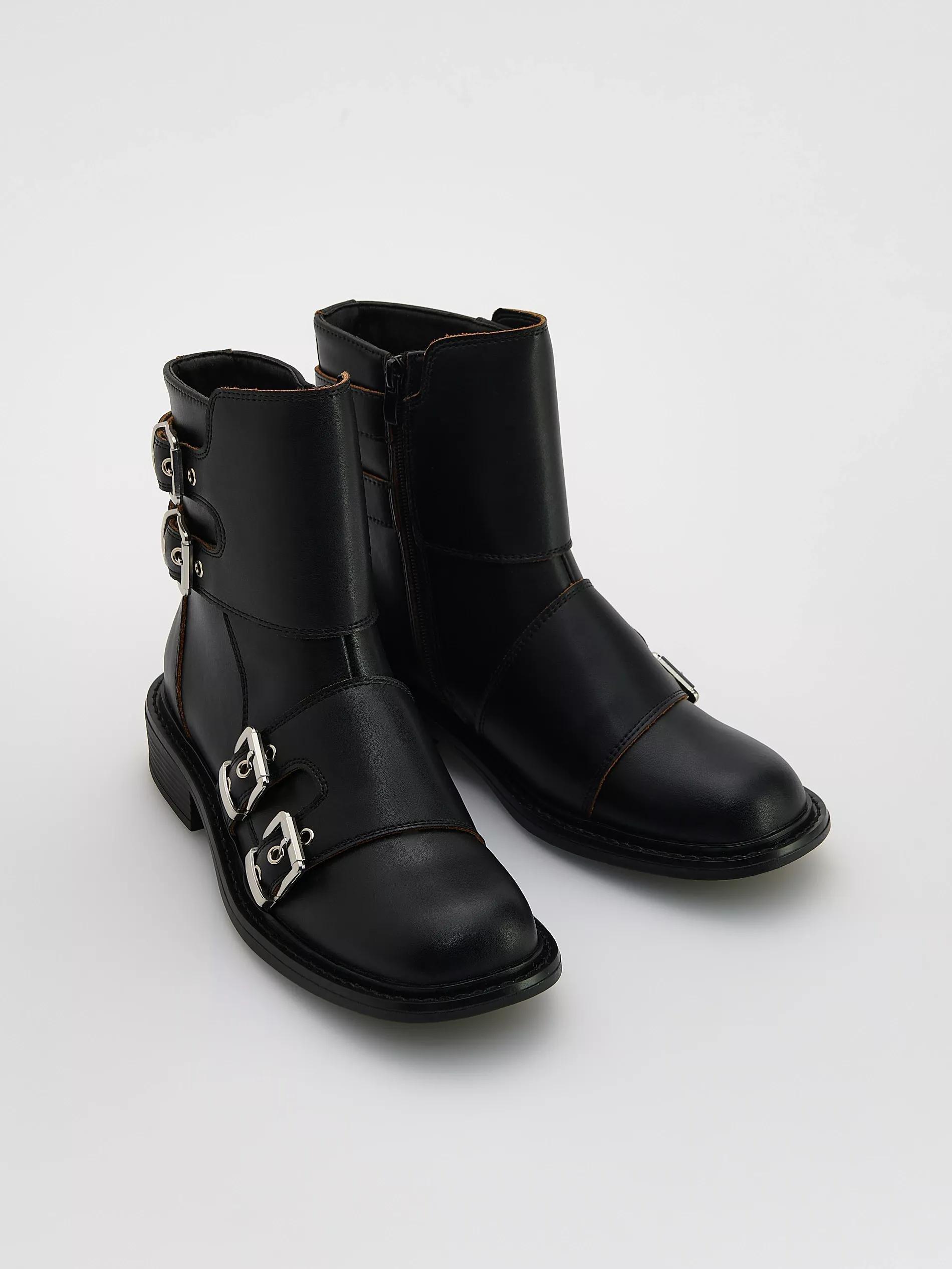 Black Leather Ankle Boots With Buckles, Black, large image number 1