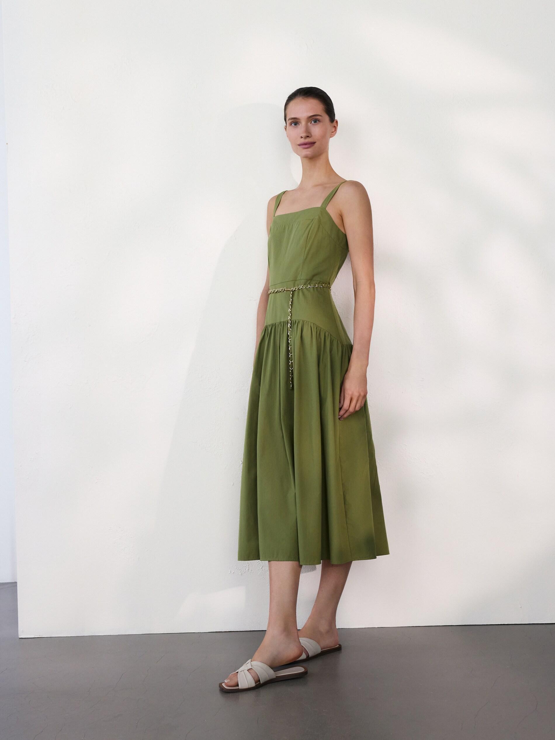 LIGHT OLIVE Cotton dress with belt, Green, medium