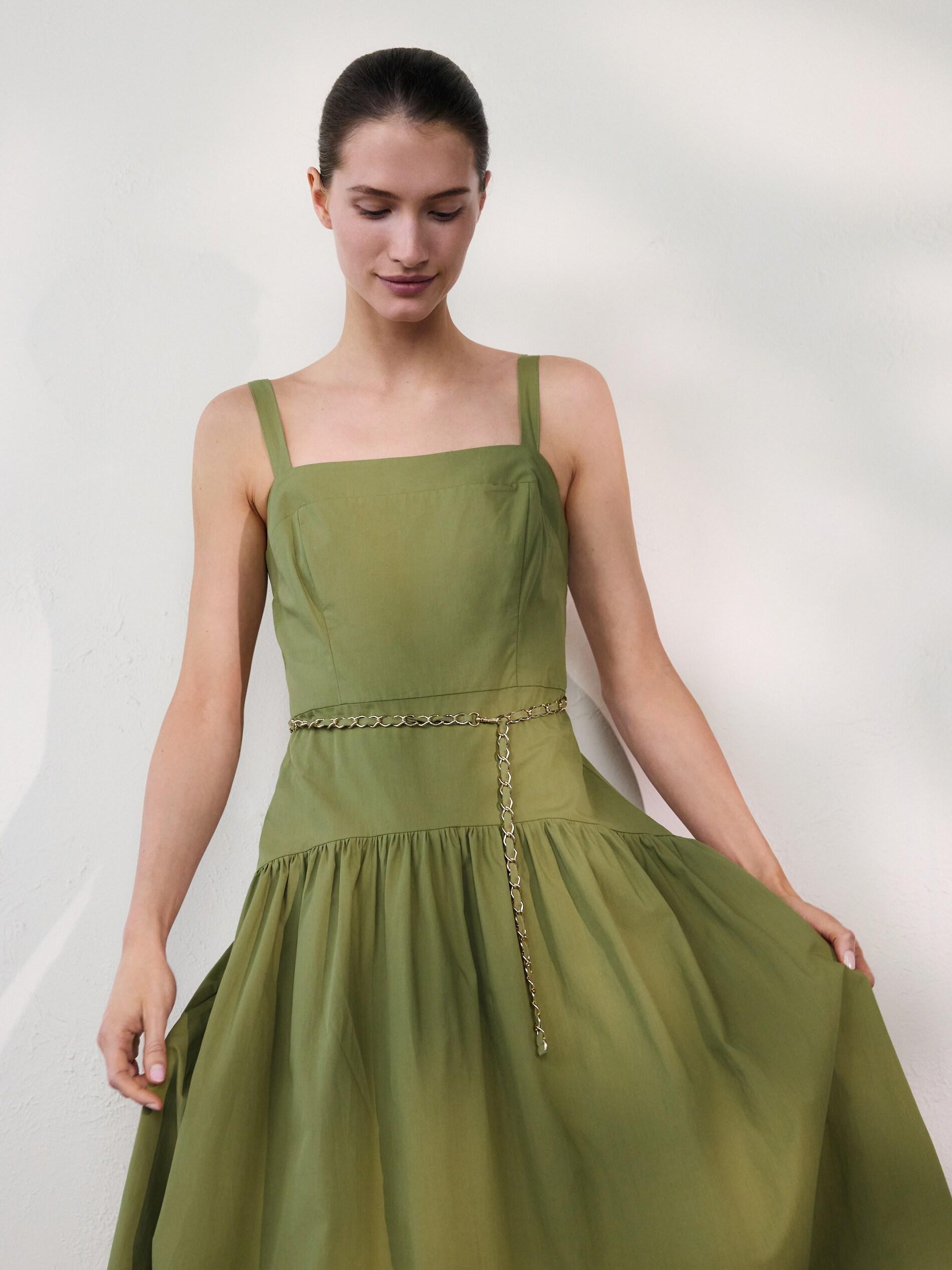 LIGHT OLIVE Cotton dress with belt, Green, medium