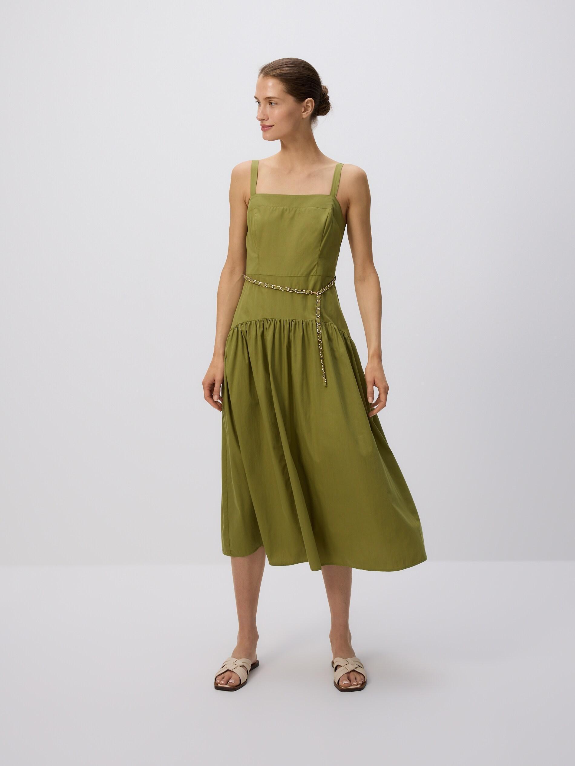 LIGHT OLIVE Cotton dress with belt, Green, medium