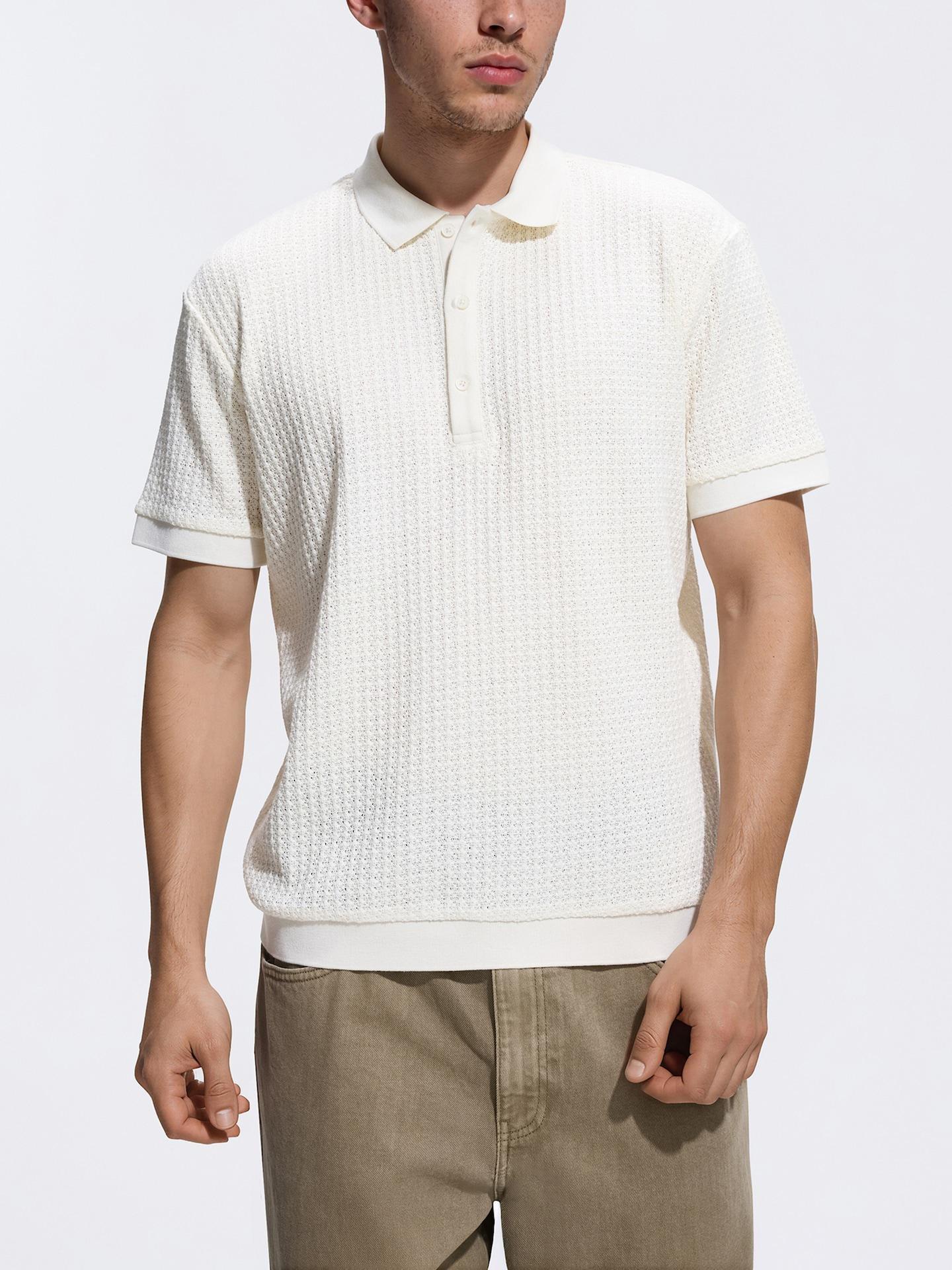 Cream Comfort Fit Structural Fabric Polo Shirt, Ivory, large image number 1