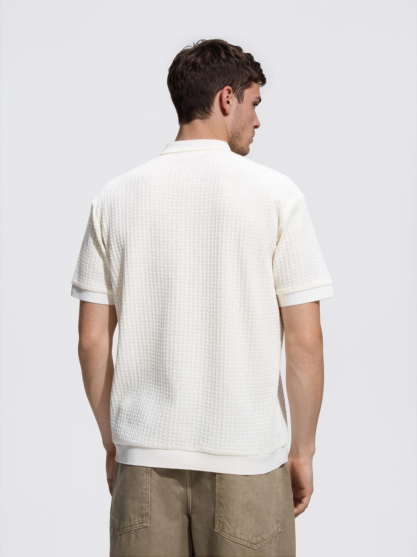 Cream Comfort Fit Structural Fabric Polo Shirt, Ivory, large image number 3