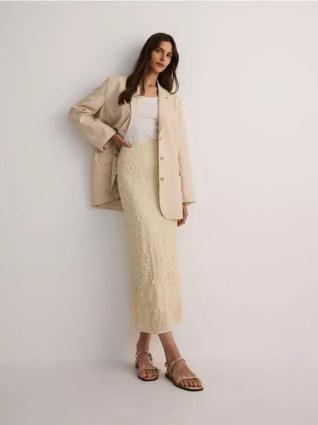Cream Midi Length Skirt, , large image number 0